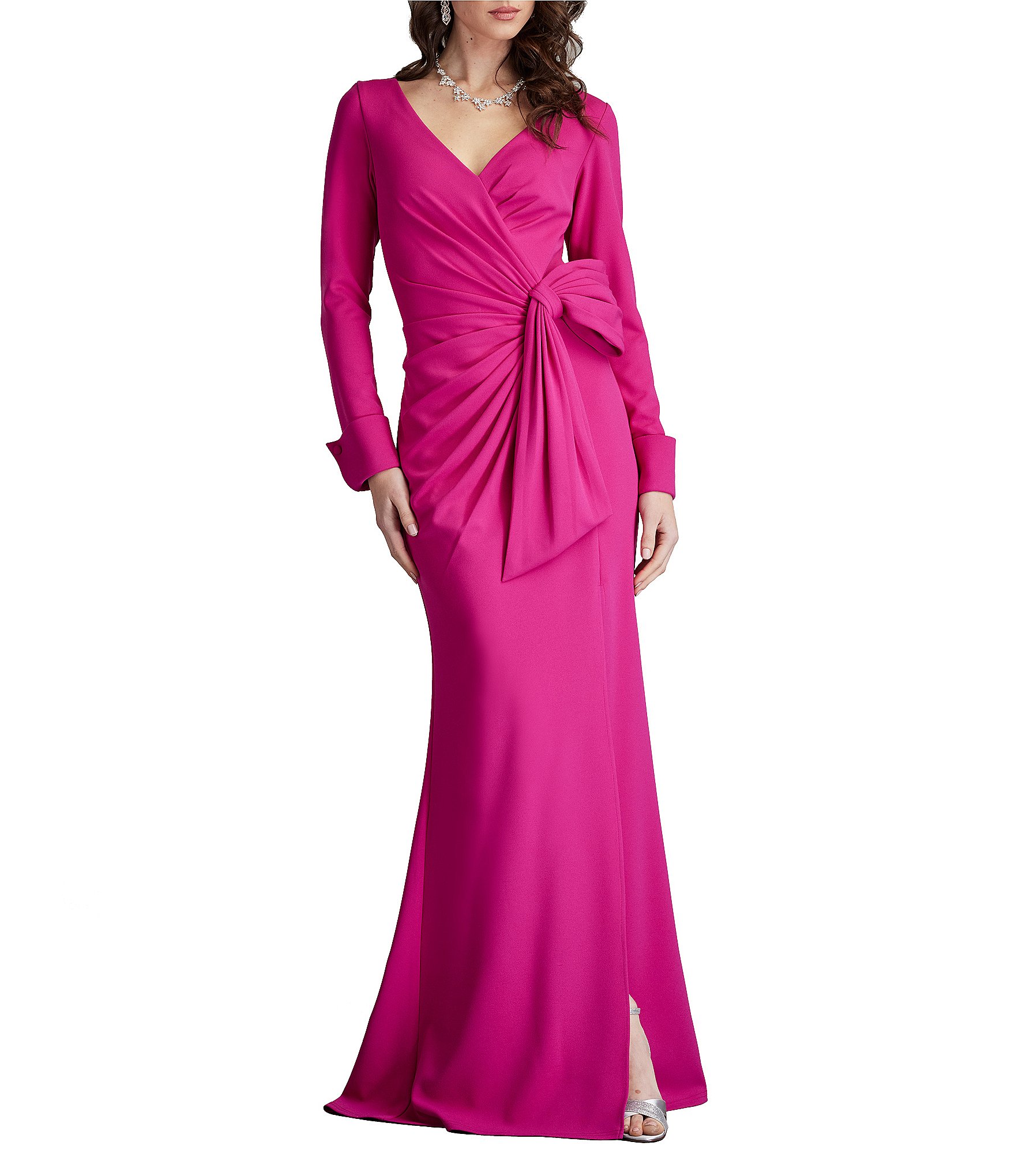 Tadashi Shoji Crepe V-Neck Long Sleeve Wrap Bow Side Slit Gown