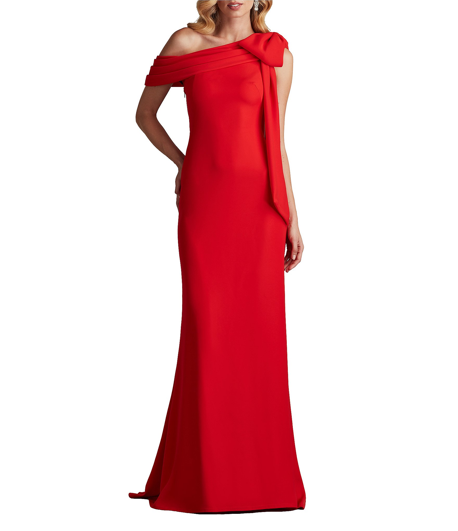 Tadashi Shoji Draped One Shoulder Bow Detail Crepe Sheath Gown