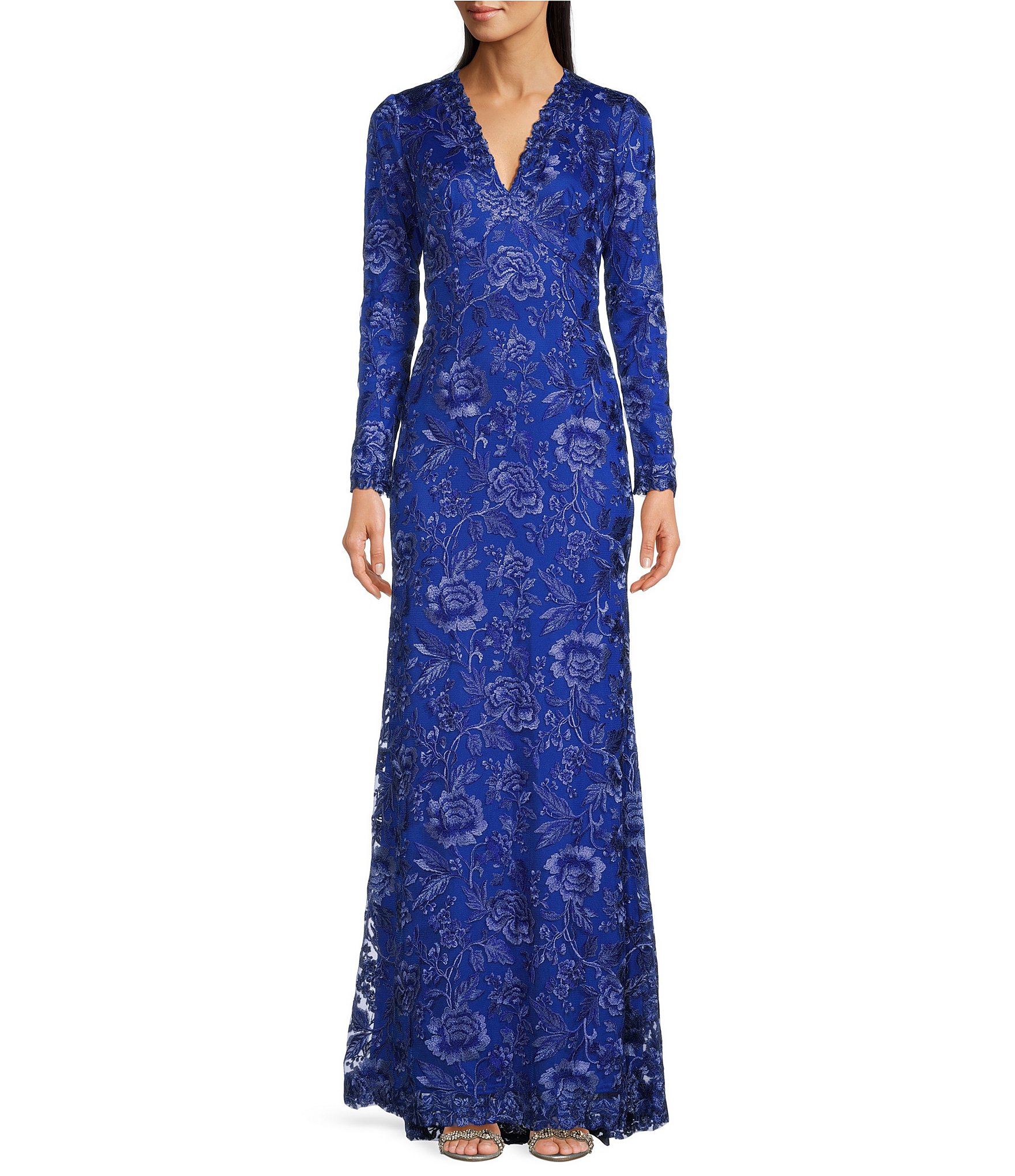 Tadashi Shoji Embroidered Lace V-Neck Long Sleeve A-Line Gown | Dillard's