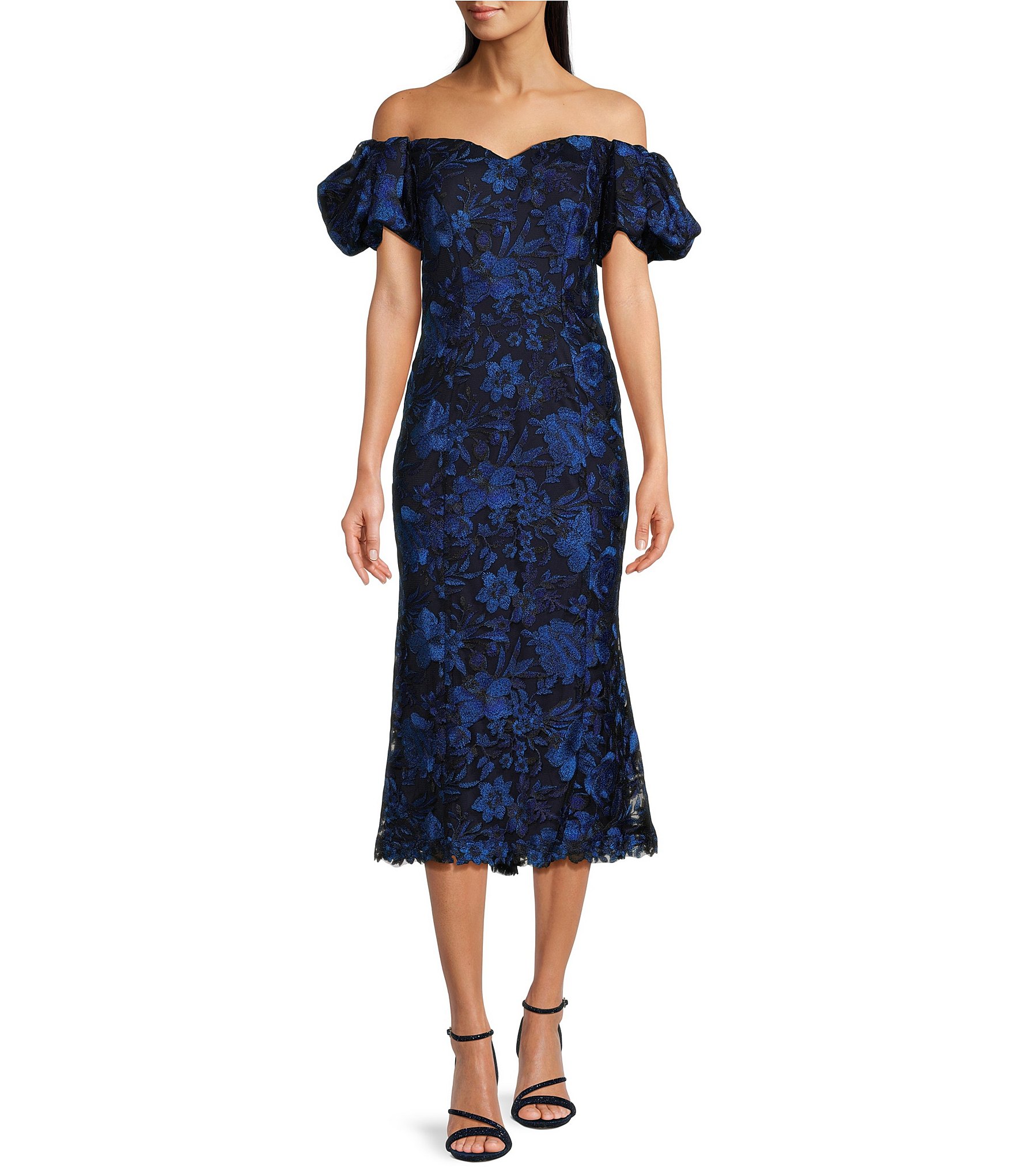 Tadashi Shoji Blue/White retailer Floral Embroidered Cocktail Fit & Flare Dress Large