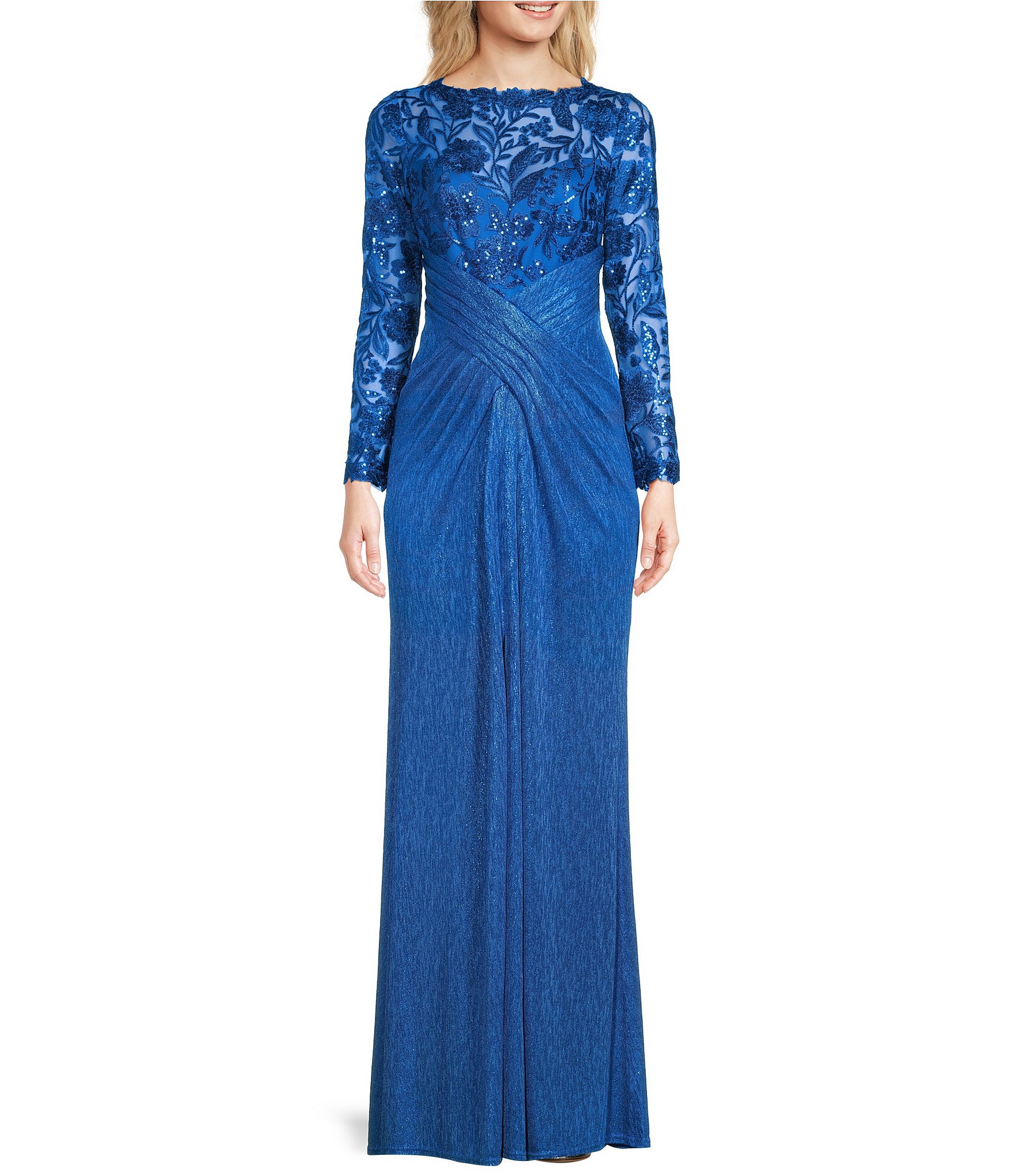 Tadashi Shoji Illusion Lace Boat Neck Long Sleeve Criss Cross Waist  Metallic Jersey Gown | Dillard's