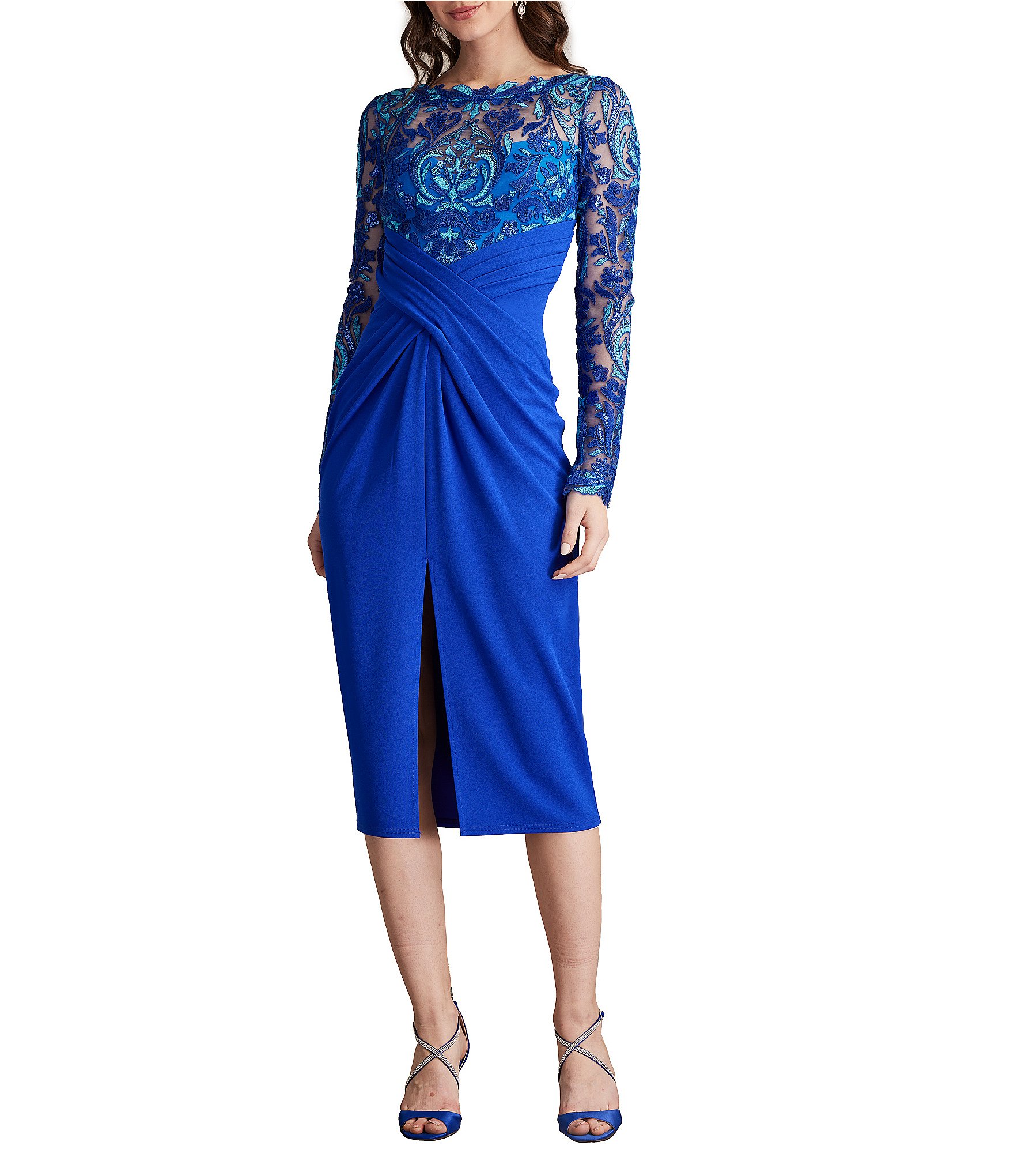 Tadashi Shoji Illusion Lace Crepe Boat Neck Long Sleeve Pleated Midi Dress Dillards 