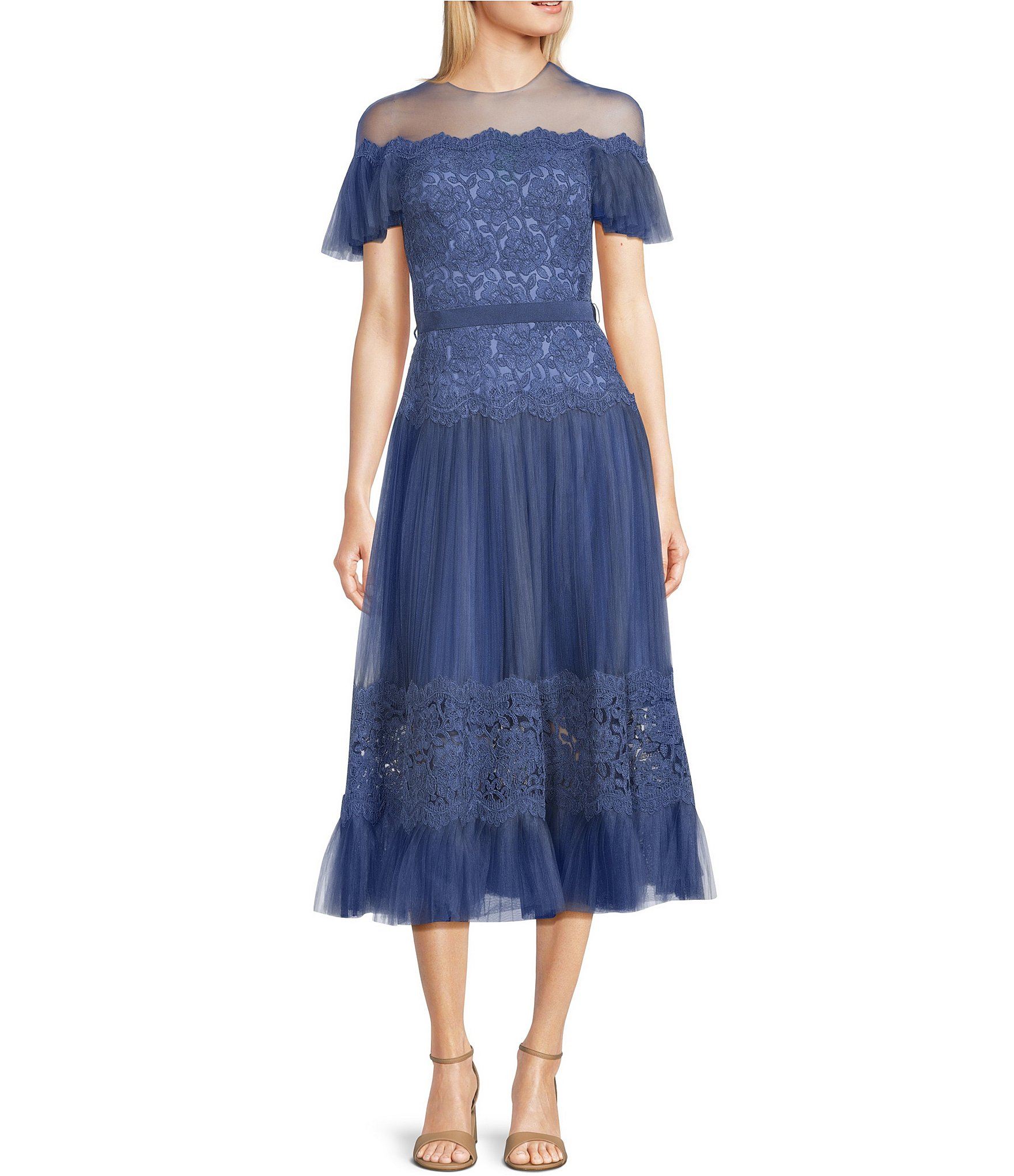 Tadashi Shoji Illusion Off-the-Shoulder Corded Lace Cap Sleeve Dress ...