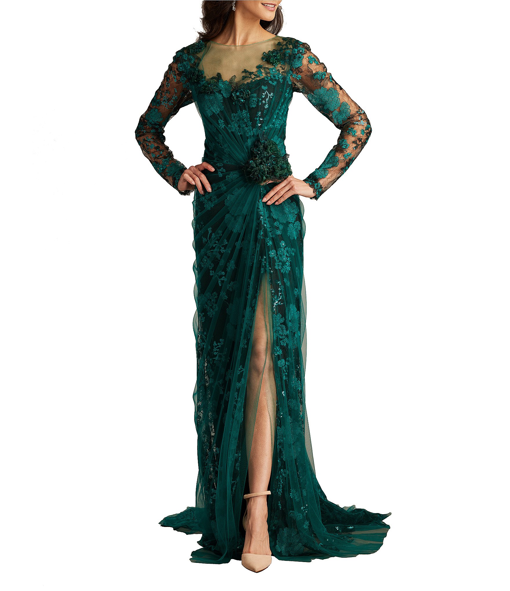 Tadashi Shoji Illusion V-Neck Long Sleeve Tulle Overlay Lace