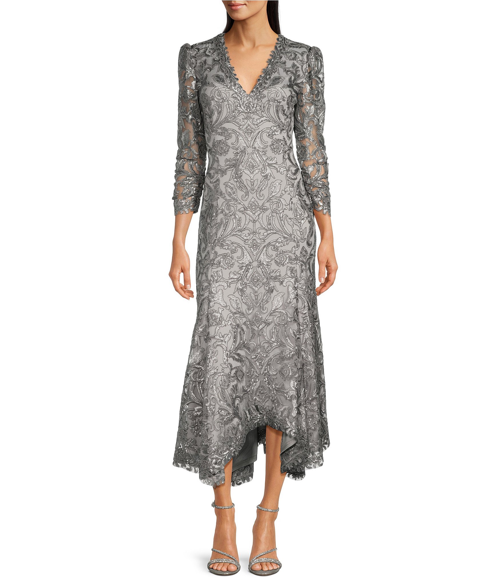 Tadashi Shoji Metallic Sequin Lace V-Neck 3/4 Sleeve Asymmetrical Hem  Handkerchief Gown | Dillard's