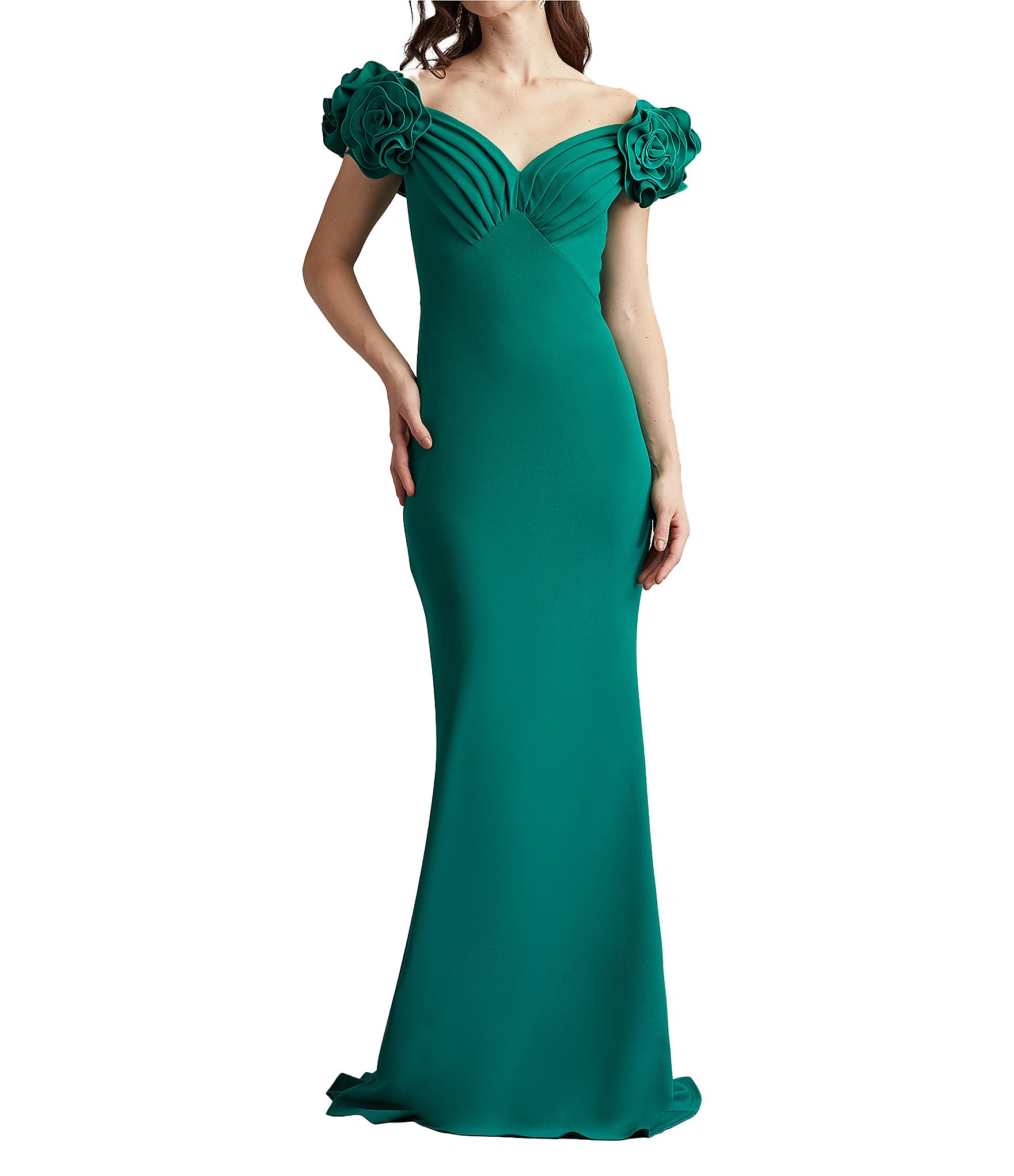 Tadashi Shoji Off the Shoulder 3D Rosette Pleated Bodice Crepe Aline Gown