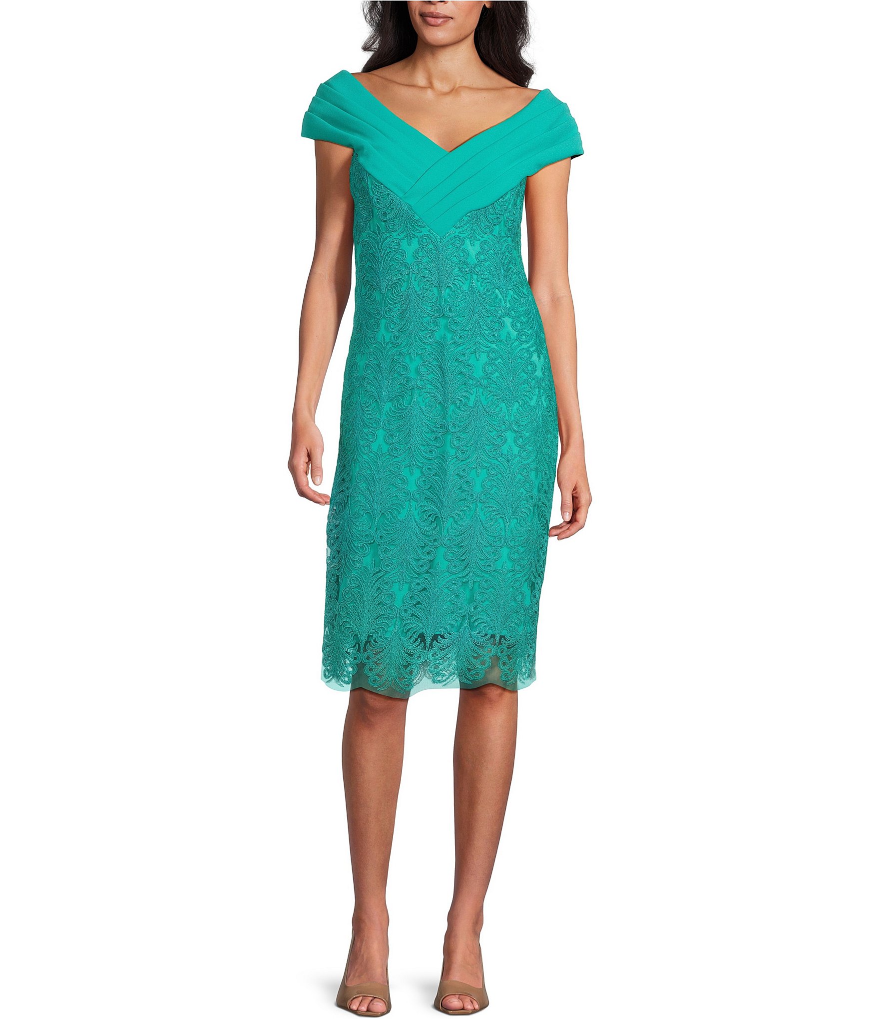 Tadashi Shoji Off the Shoulder Cap Sleeve Lace Sheath Dress