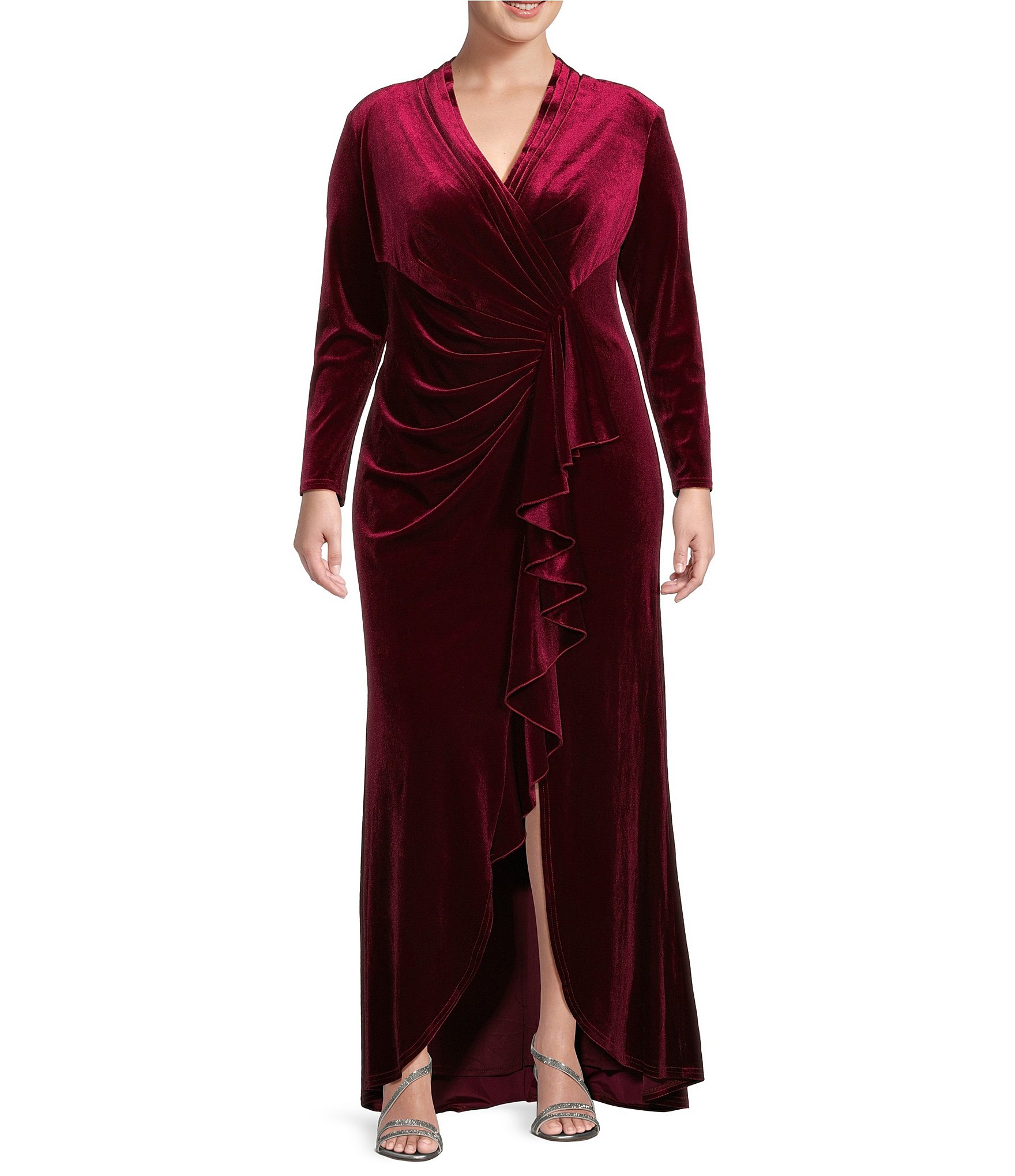 Tadashi Shoji Plus Size Long Sleeve V-Neck Side Ruffle Velvet Gown ...