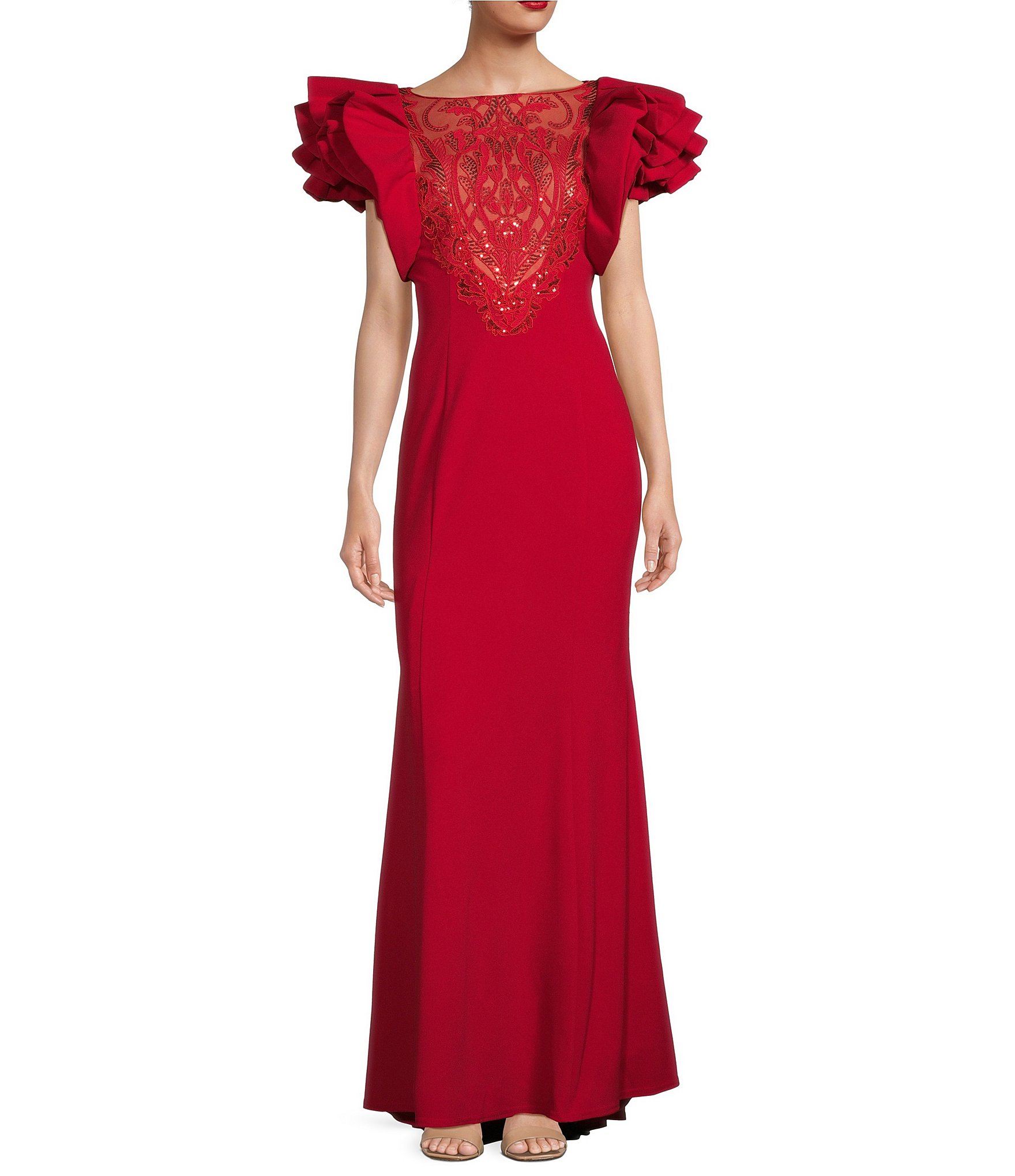 Tadashi Shoji Rosette Ruffled Shoulder Boat Neck Sequin Lace Gown ...