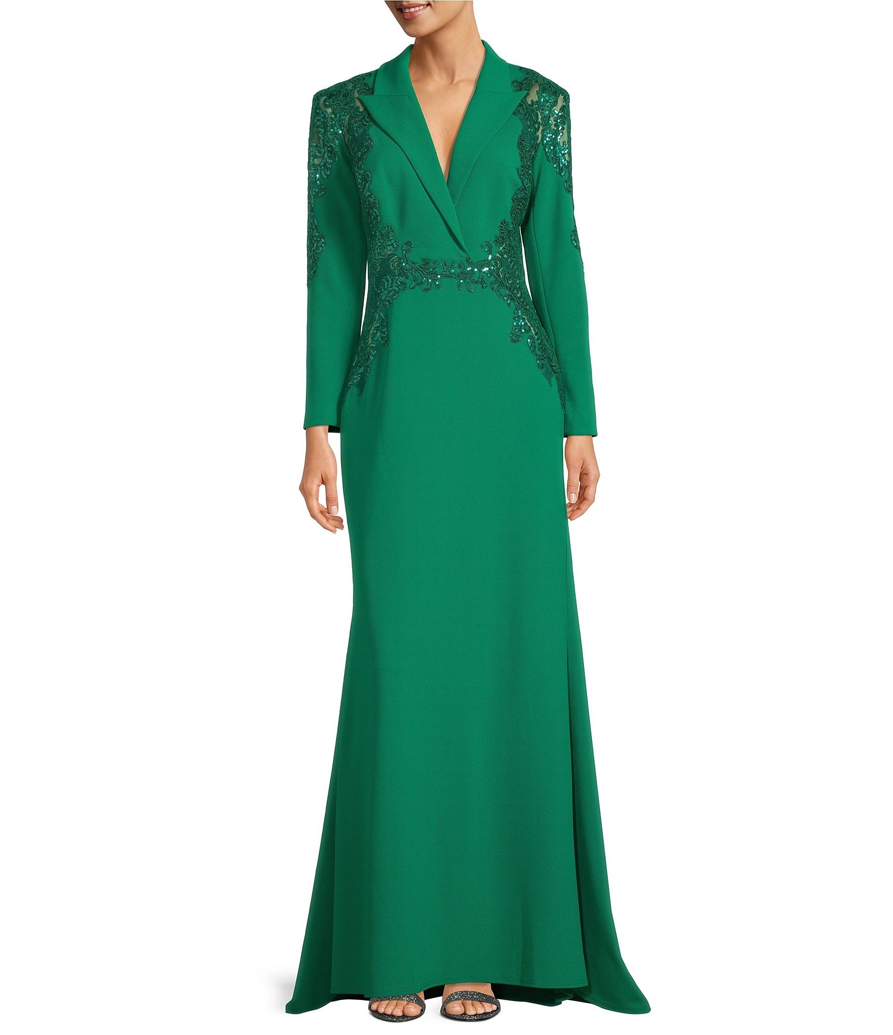 Tadashi Shoji Sequin Embellished Collared Long Sleeve Gown | Dillard's