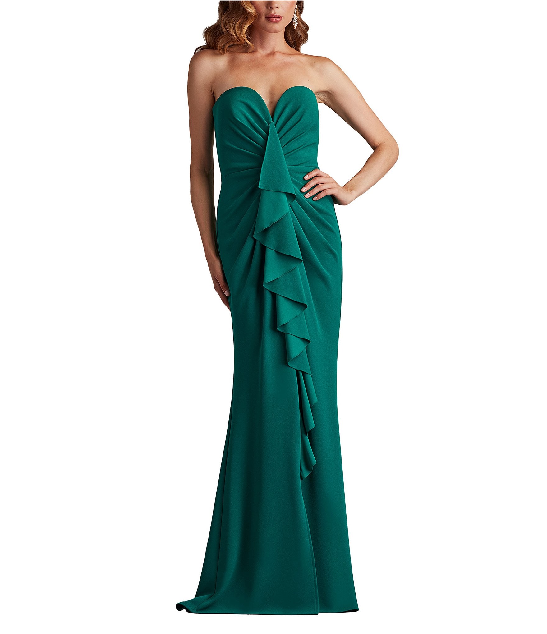 Tadashi Shoji Strapless Cascade Front Ruffle Crepe Column Gown