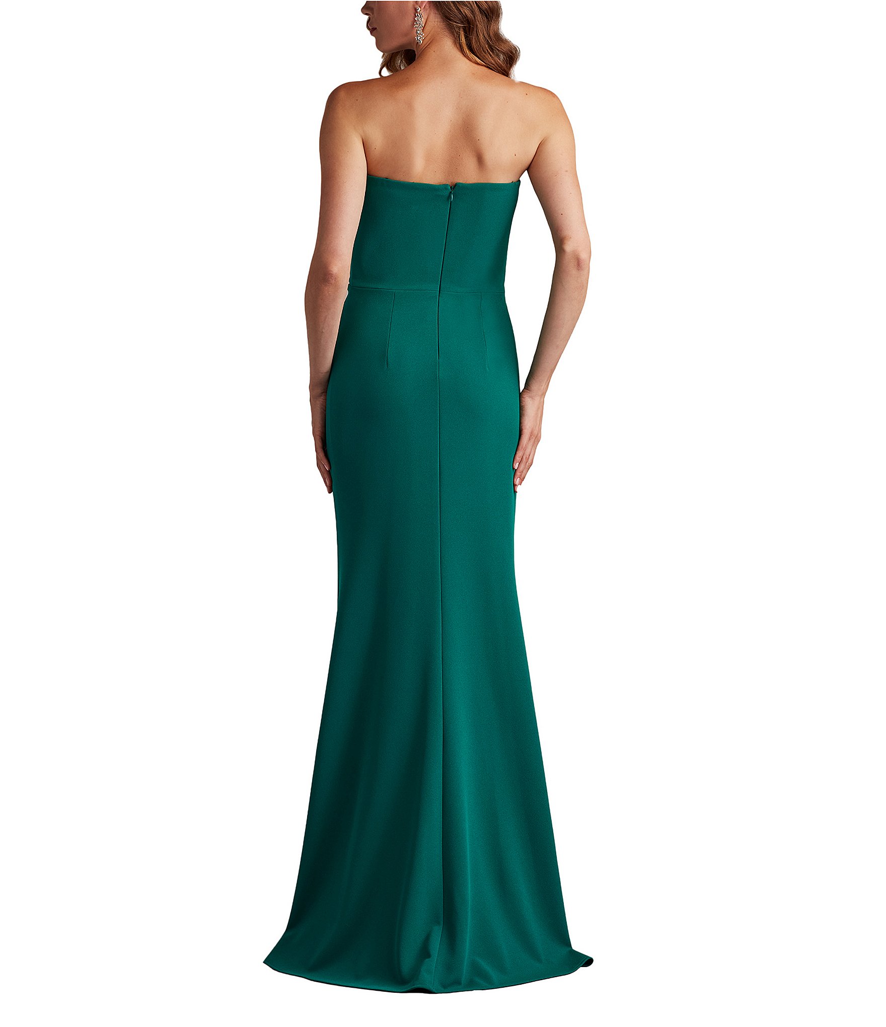 Tadashi Shoji Strapless Cascade Front Ruffle Crepe Column Gown
