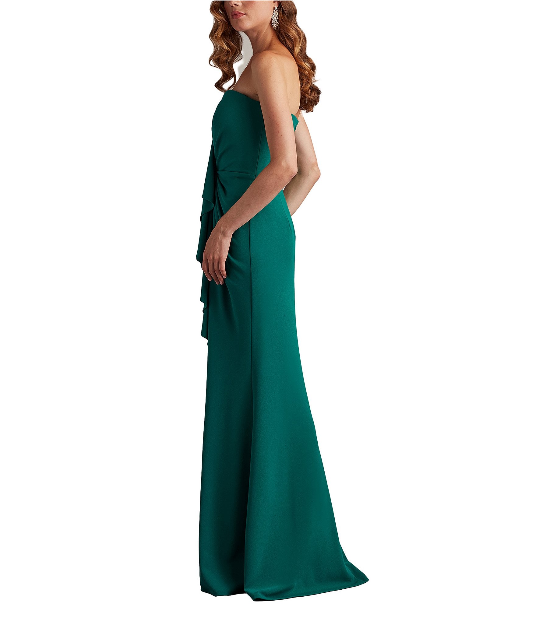 Tadashi Shoji Strapless Cascade Front Ruffle Crepe Column Gown