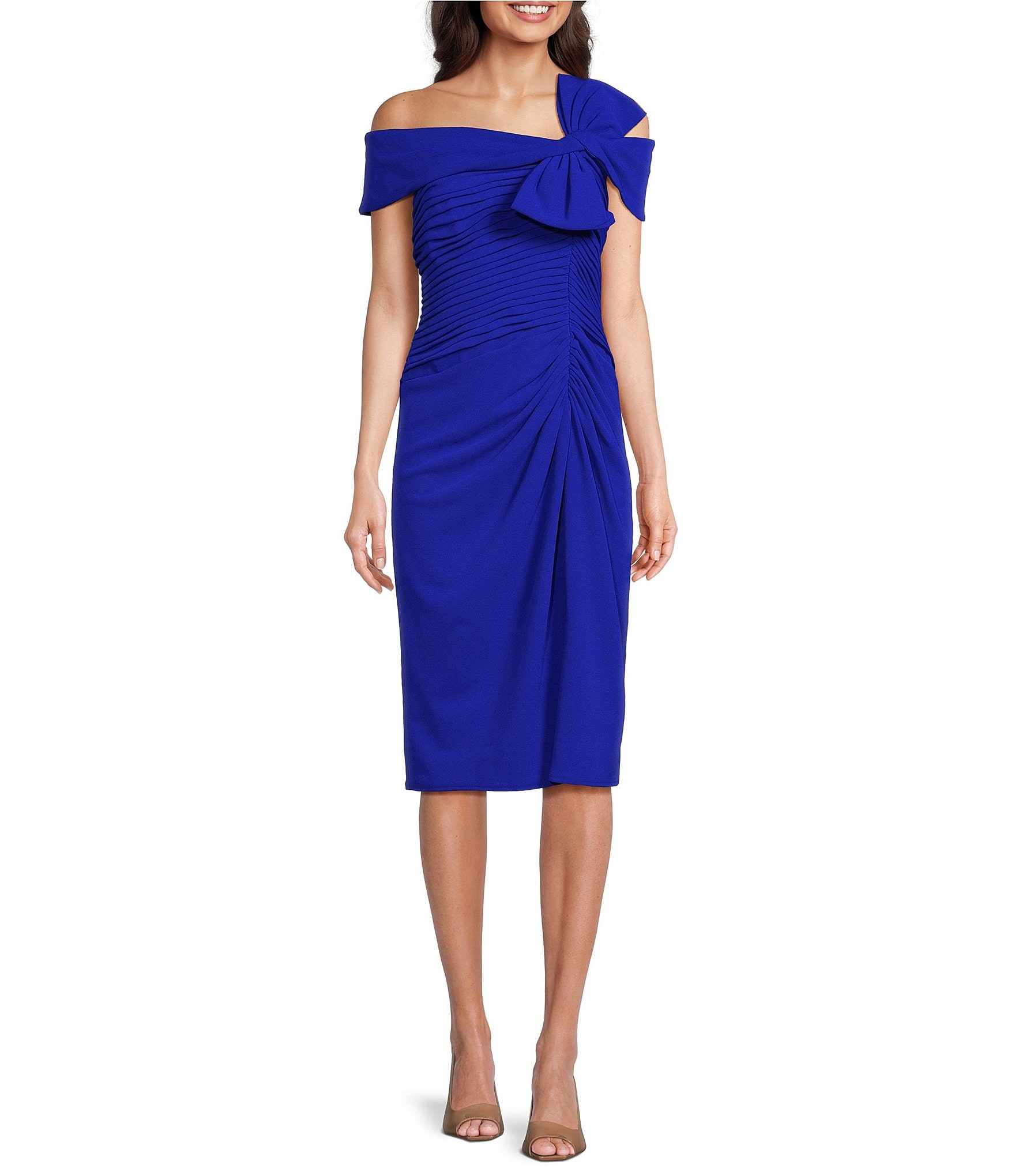 Tadashi Shoji Stretch Crepe Off-The-Shoulder Ruched Bow Front Sheath ...