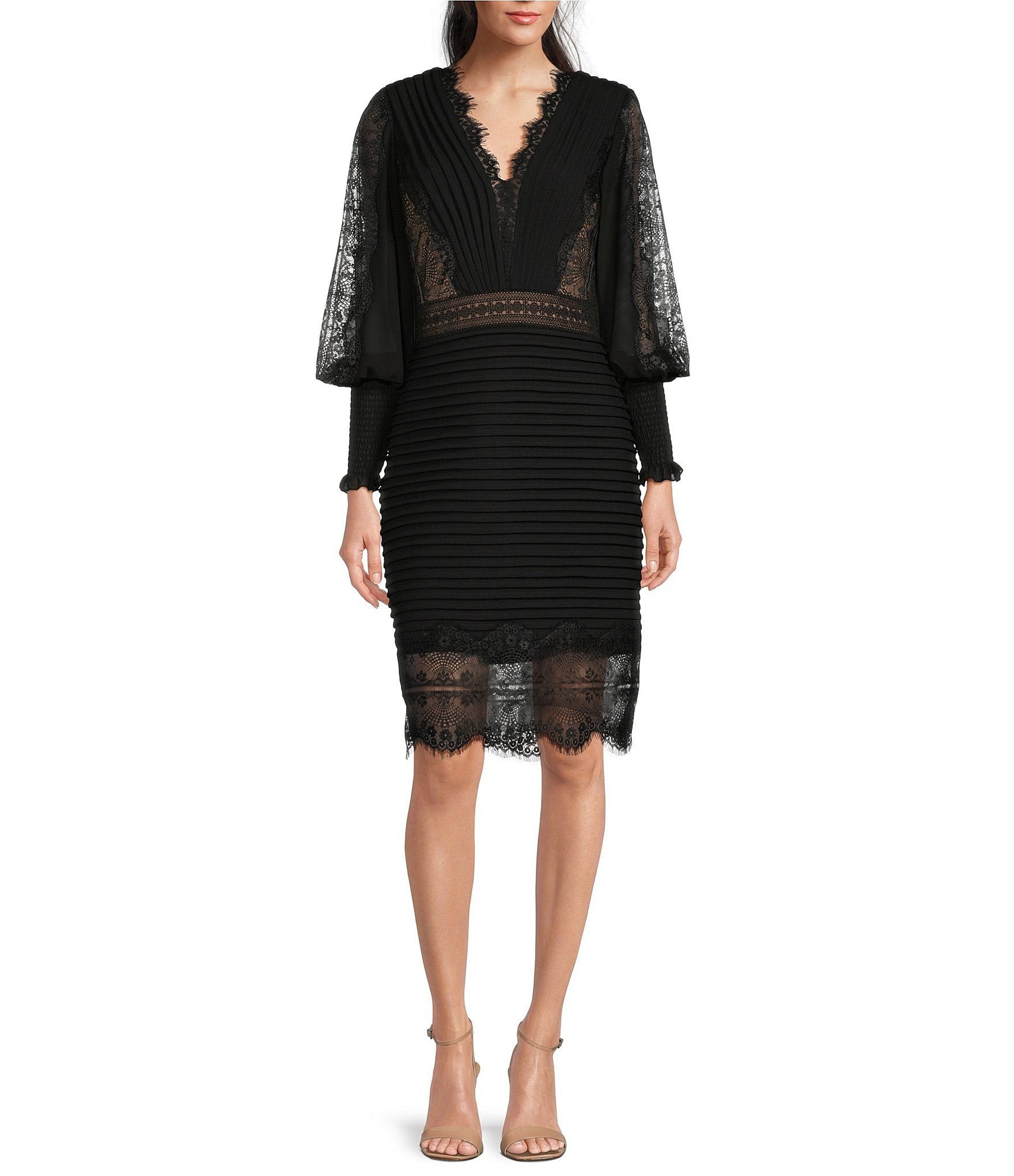 Tadashi Shoji Stretch Crepe V Neckline Long Illusion Sleeve Lace