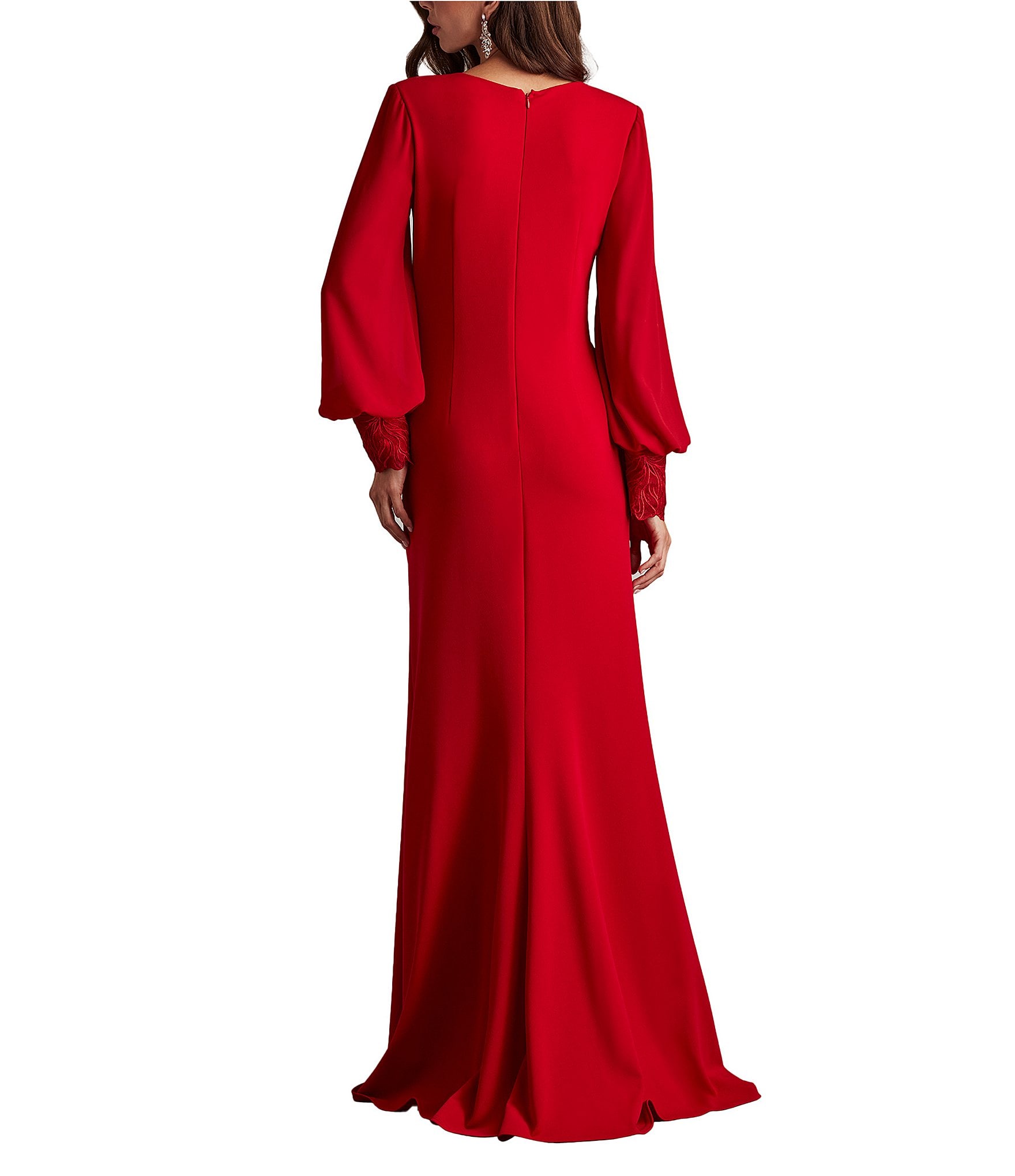 Tadashi Shoji V-neck Bishop Sleeve Floral Lace Applique Column Gown