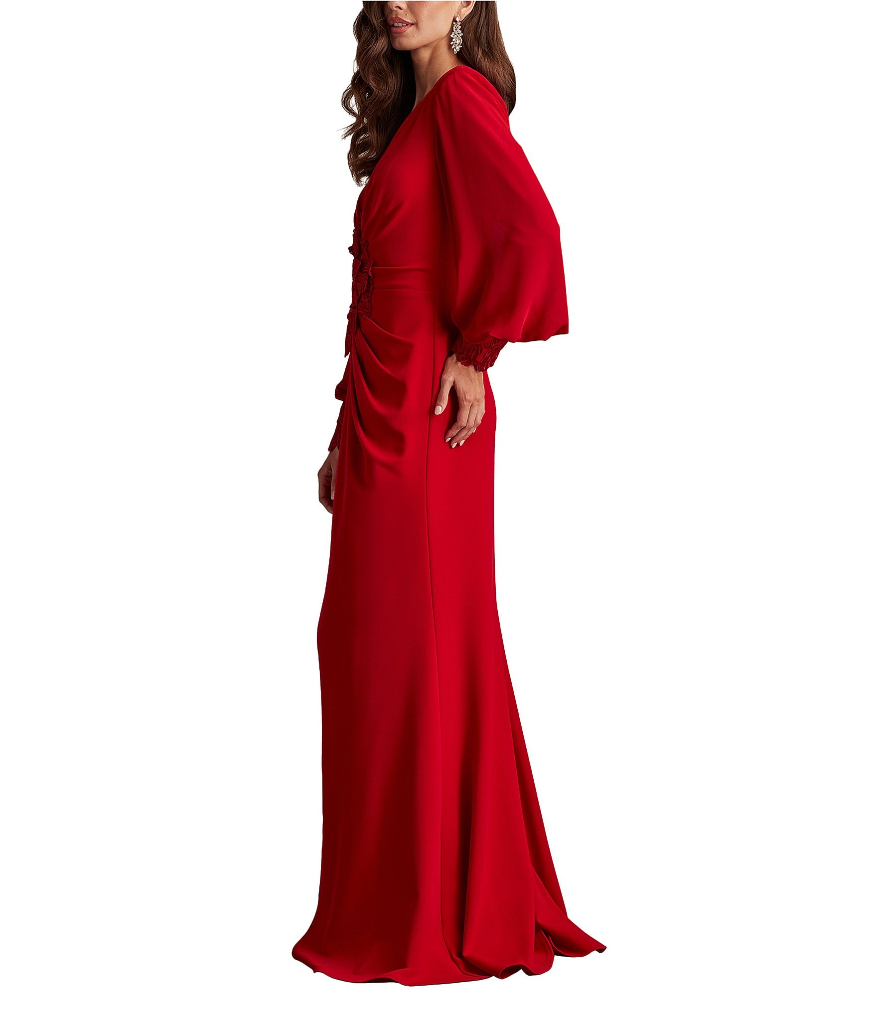 Tadashi Shoji V-neck Bishop Sleeve Floral Lace Applique Column Gown