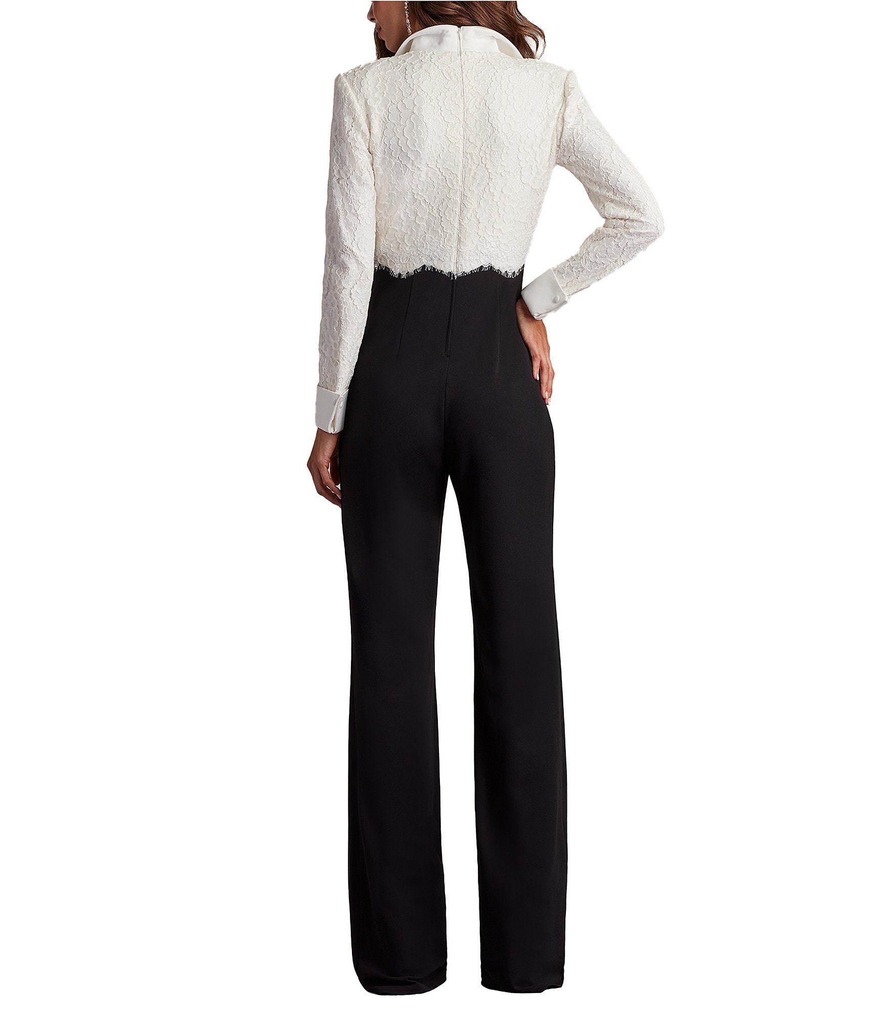 Tadashi Shoji V-Neck Long SLeeve Lace Bodice Crepe Tuxedo Jumpsuit