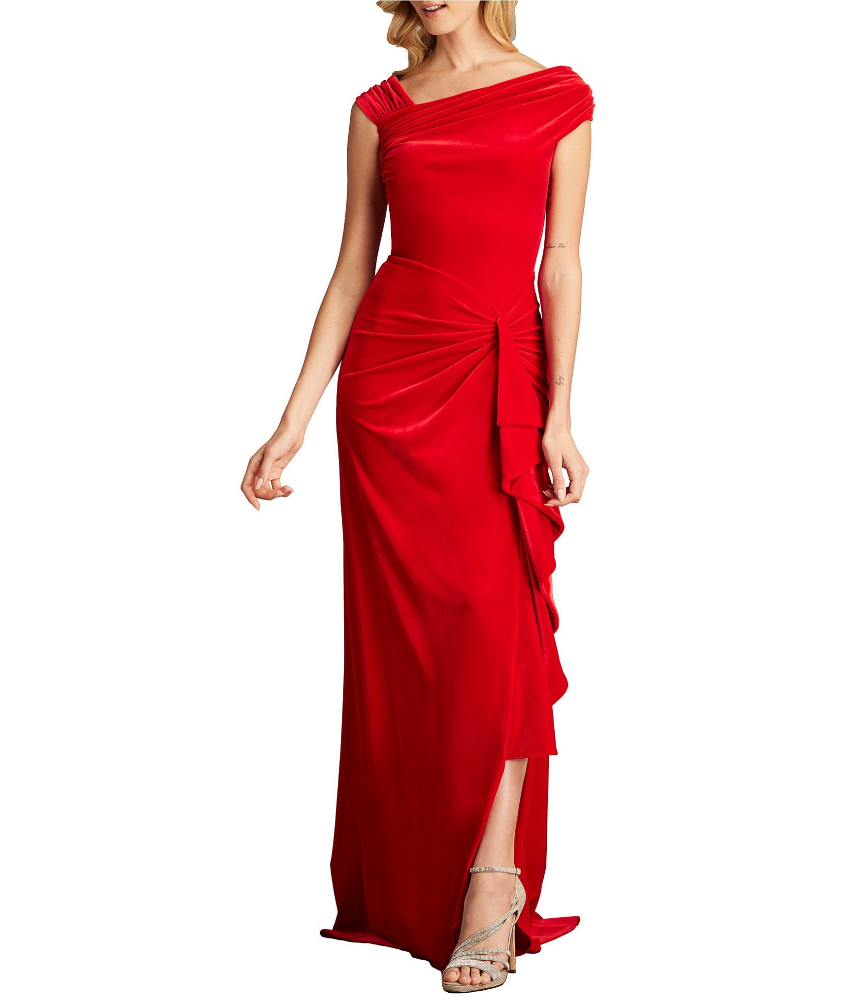 tadashi shoji cap sleeve side ruffle dress