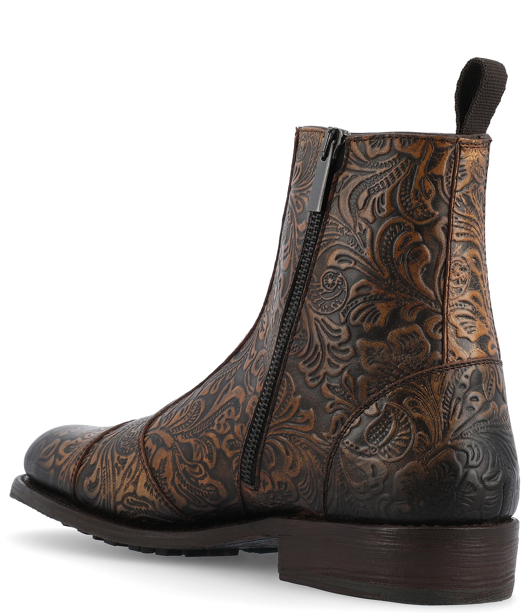 Taft Lewis Floral Embossed Leather Side Zipper Boots