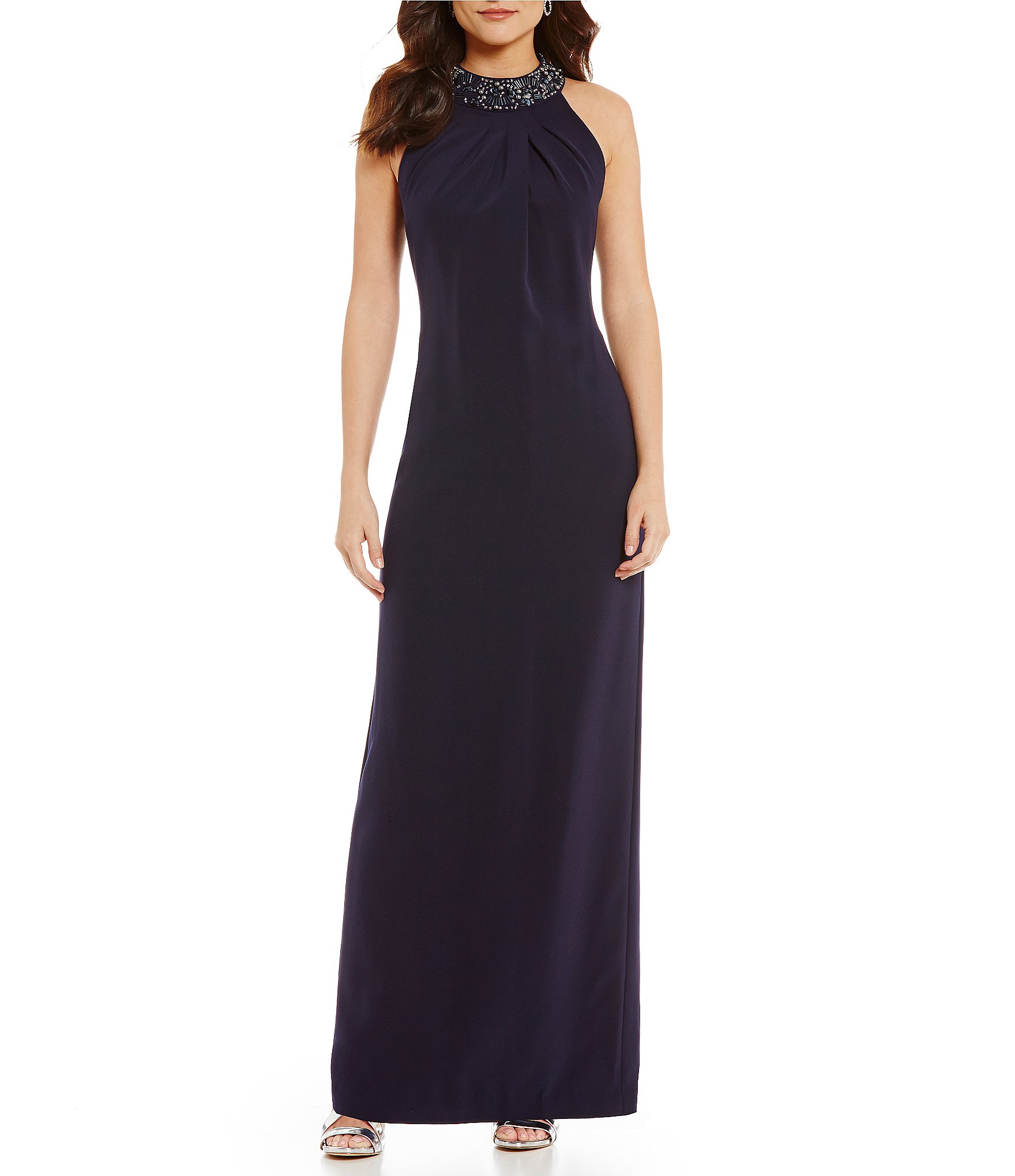 Tahari ASL Beaded Halter Neck Crepe Gown | Dillards