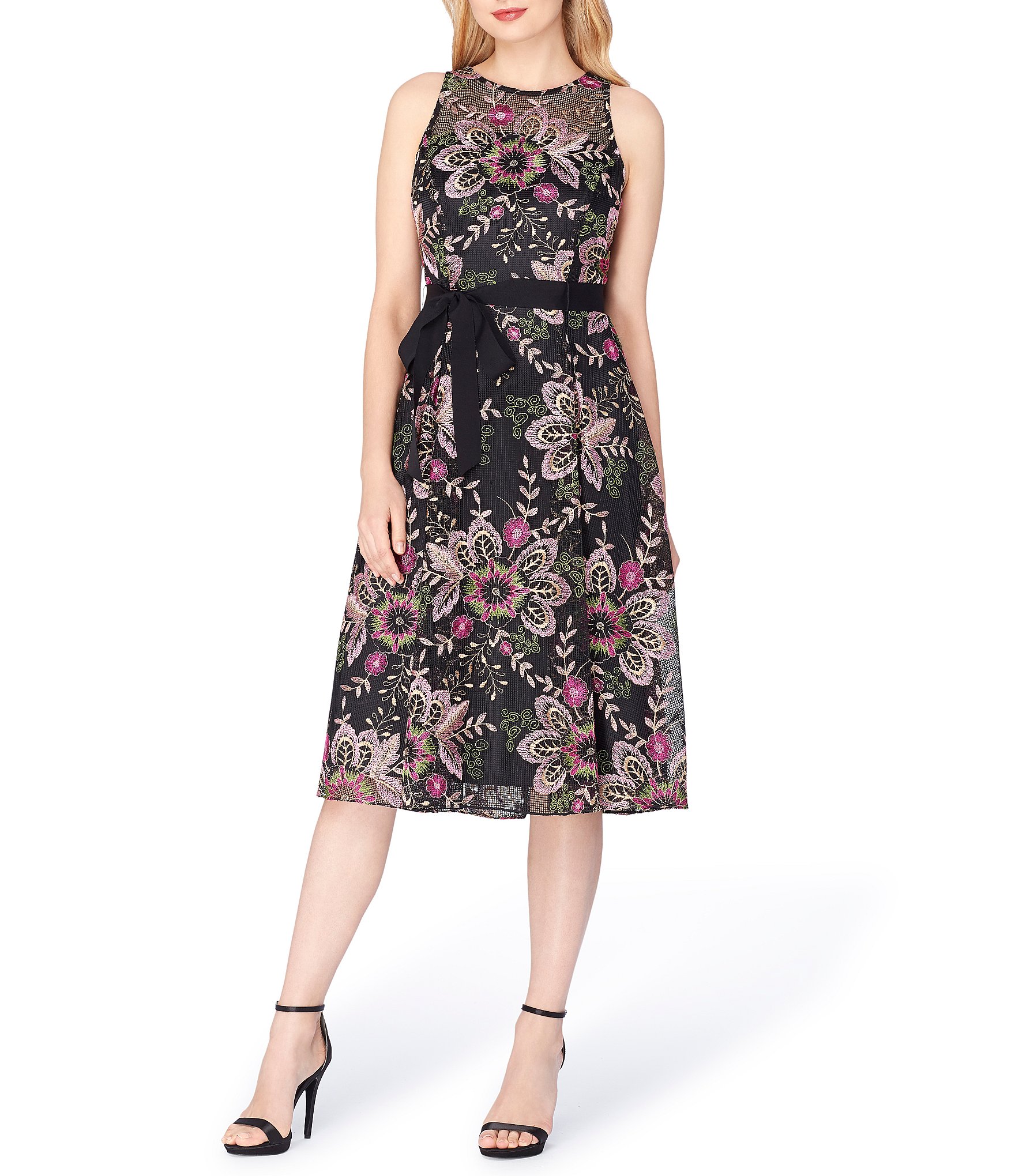 Tahari ASL Mesh Embroidered Midi Dress | Dillards