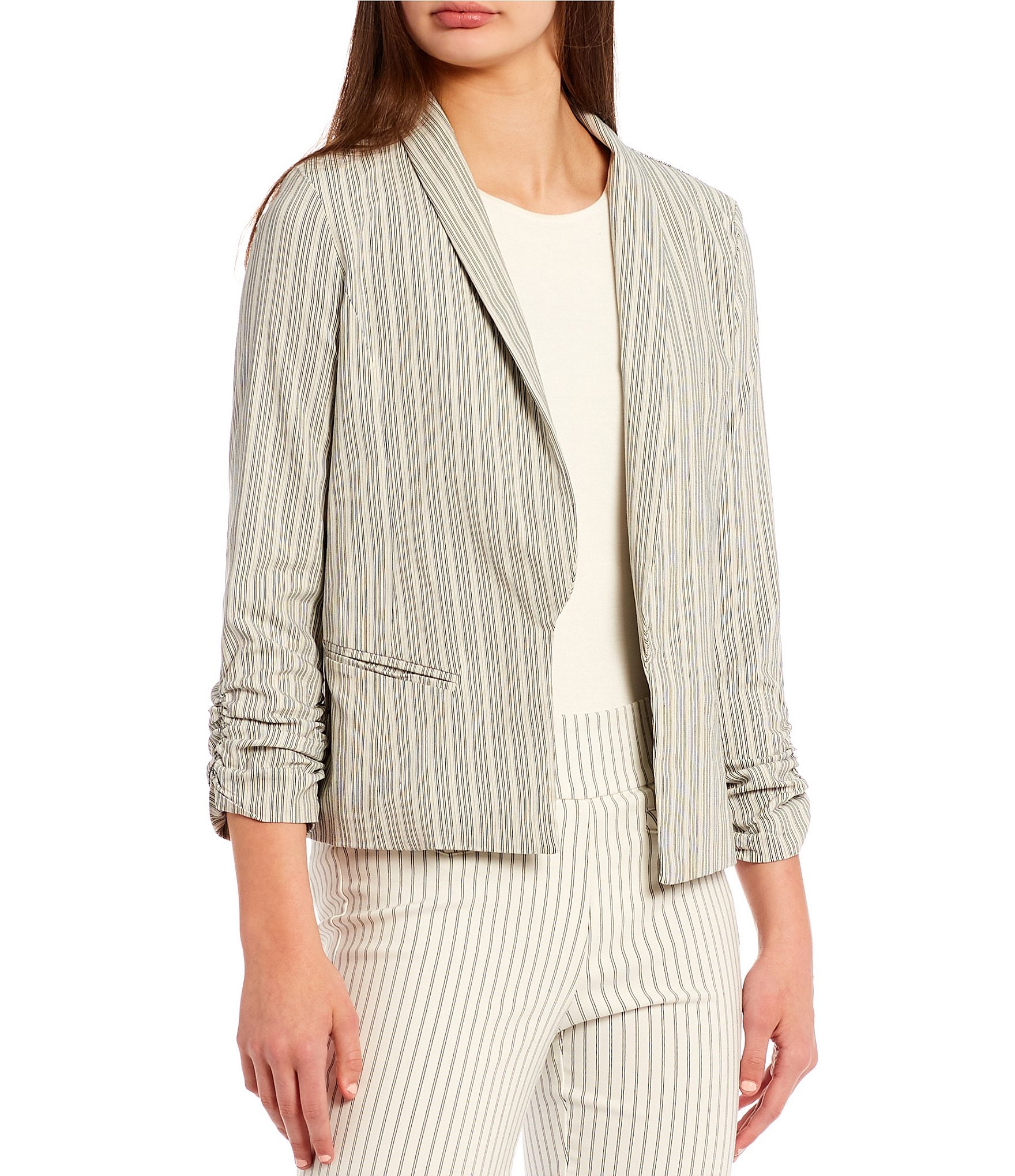 Takara Ruched-Sleeve Coordinating Striped Blazer | Dillard's