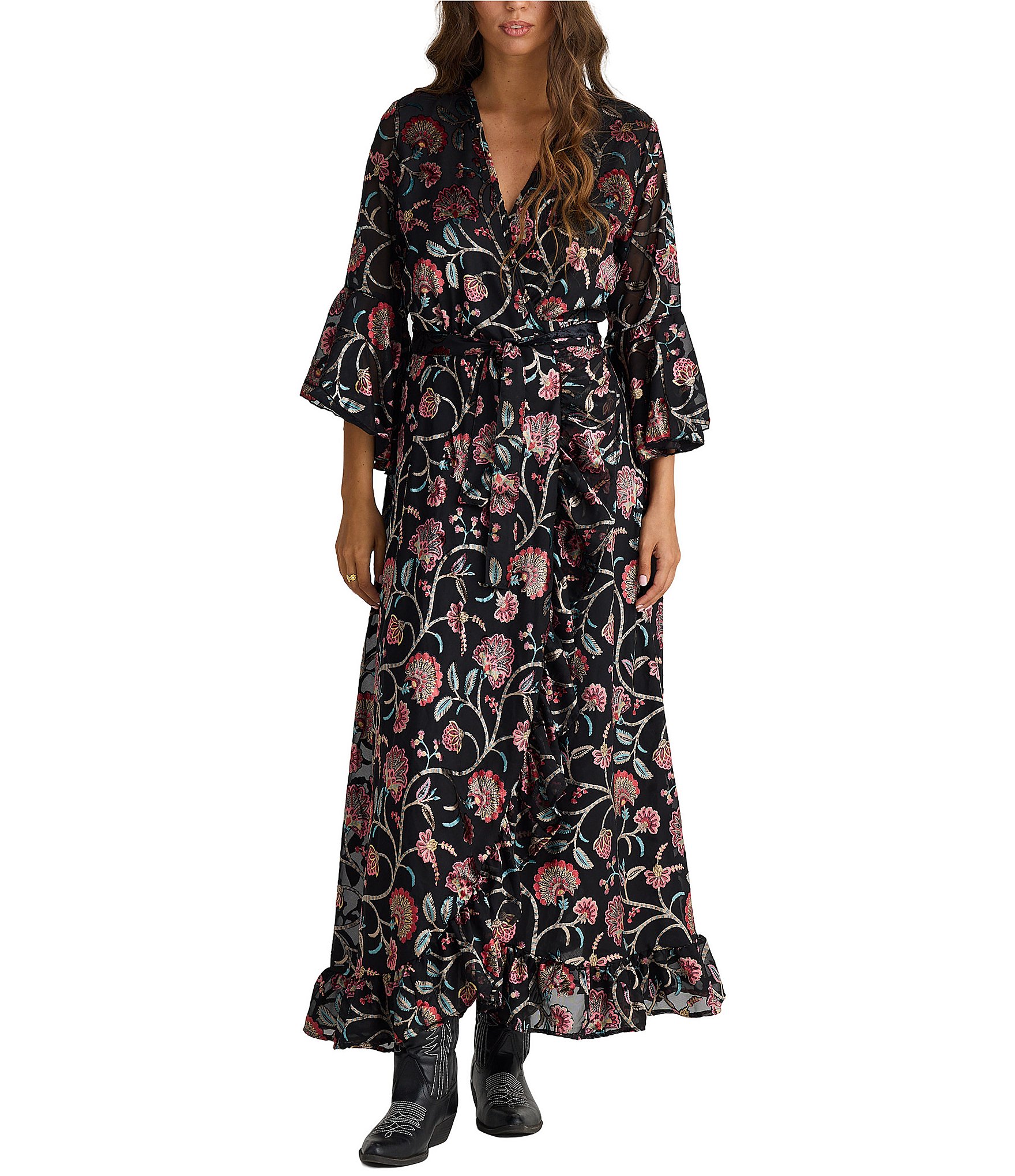 Talisman Carly Floral Velvet V-Neck 3/4 Fluted Sleeve Wrap Midi Dress