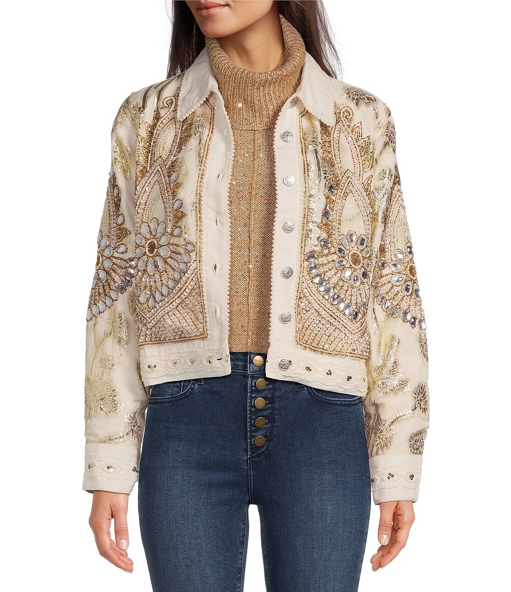 Driftwood x Maui Floral Embroidered Point Collar Long Sleeve Rigid Denim Statement Jacket - L