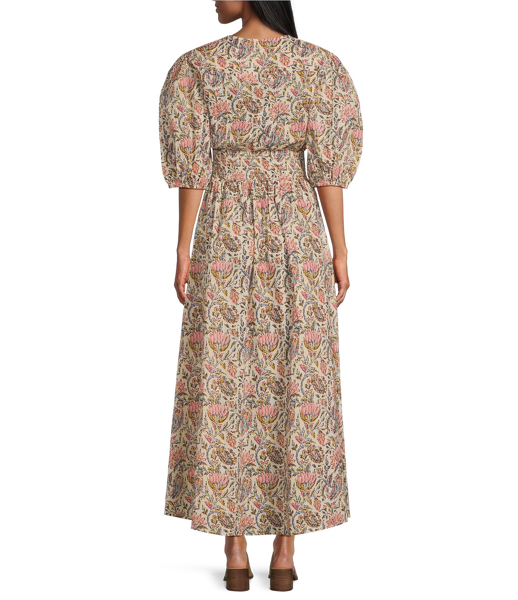 Talisman Halo Woven Printed V-Neck Button Front Smock Waist 3/4 Puff Sleeve A-Line Maxi Dress