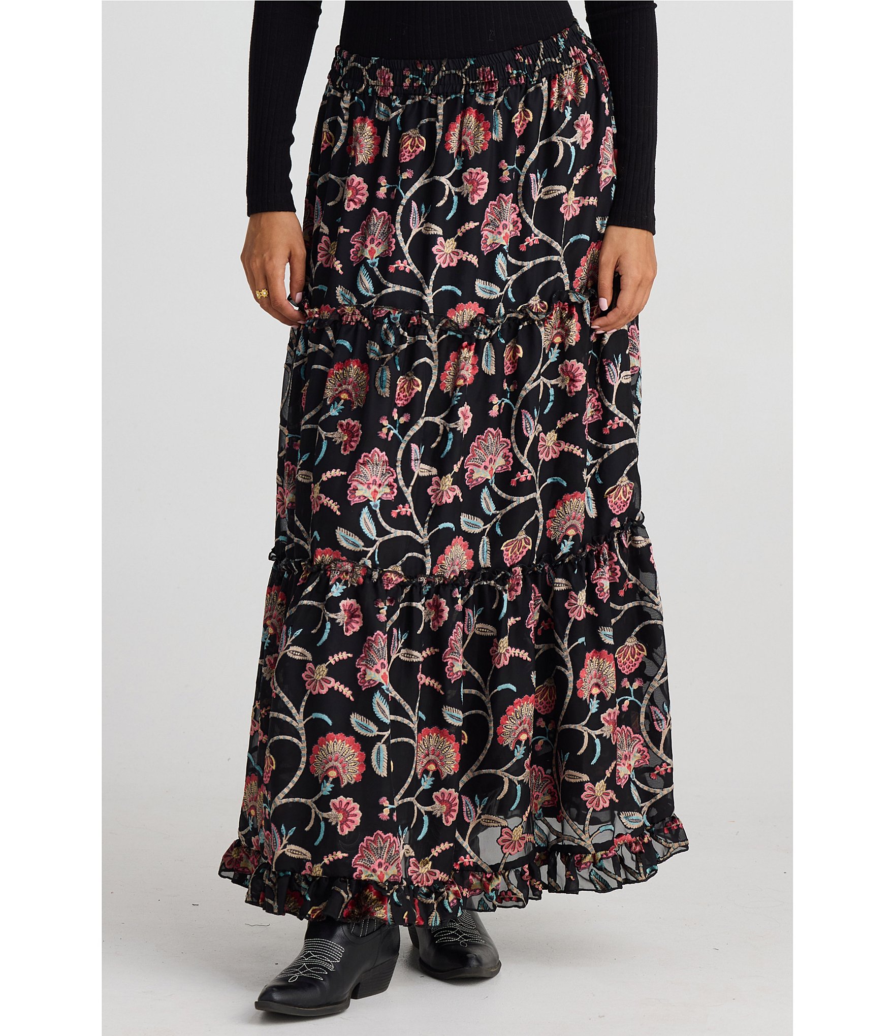 Talisman Mantra Floral Velvet High Rise Tiered A-Line Maxi