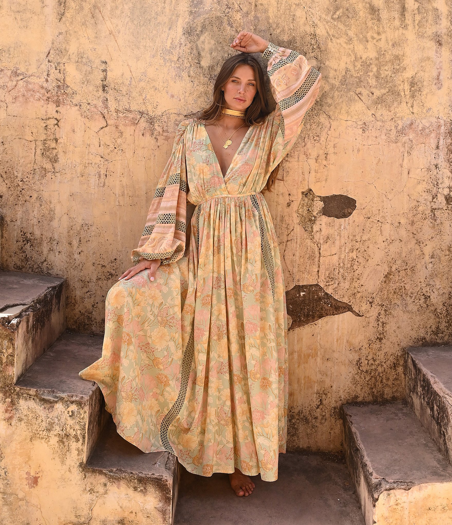 Talisman Pharoah Woven V-Neck Long Sleeve Floral Lace Insert Maxi Dress