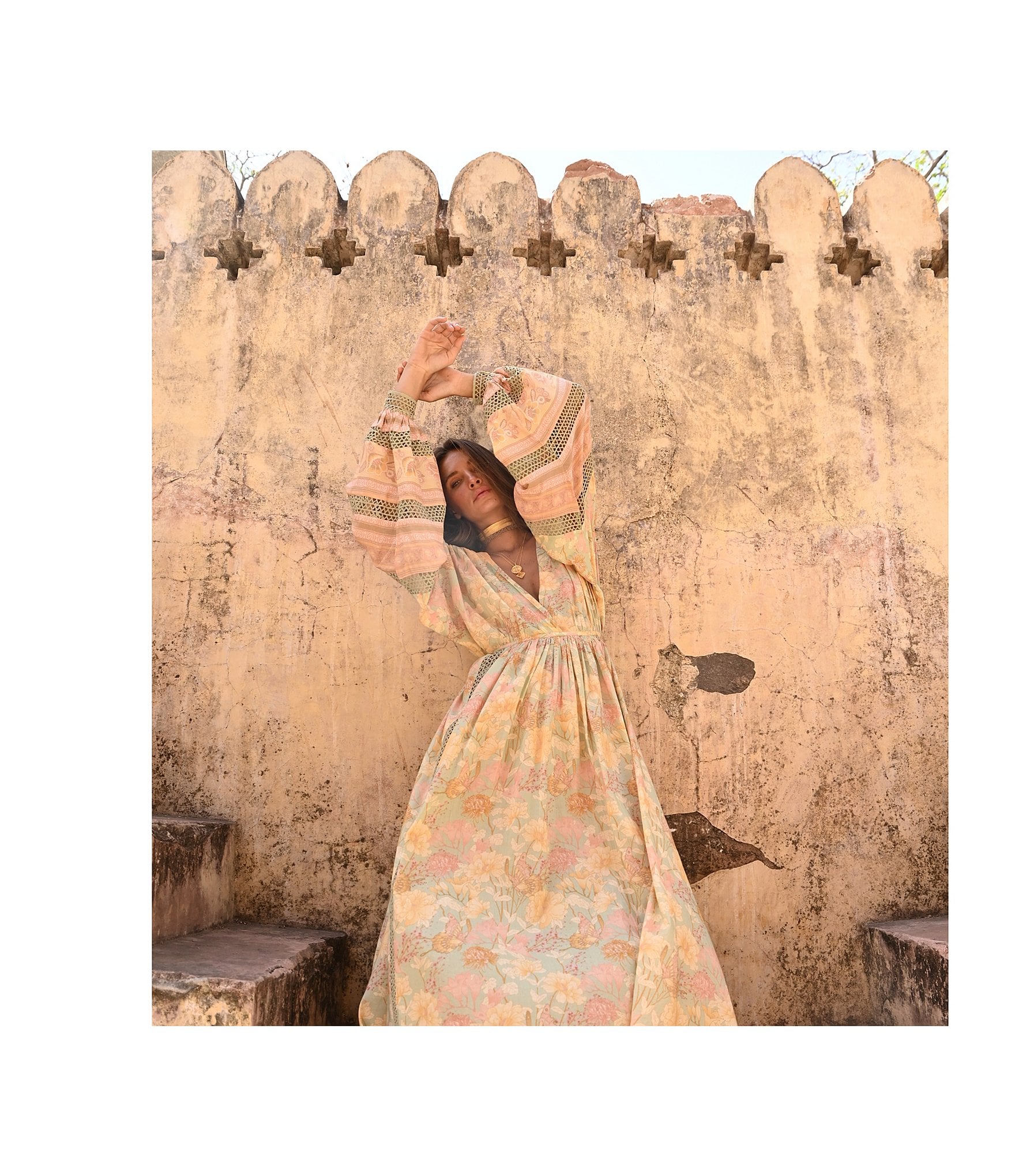 Talisman Pharoah Woven V-Neck Long Sleeve Floral Lace Insert Maxi Dress