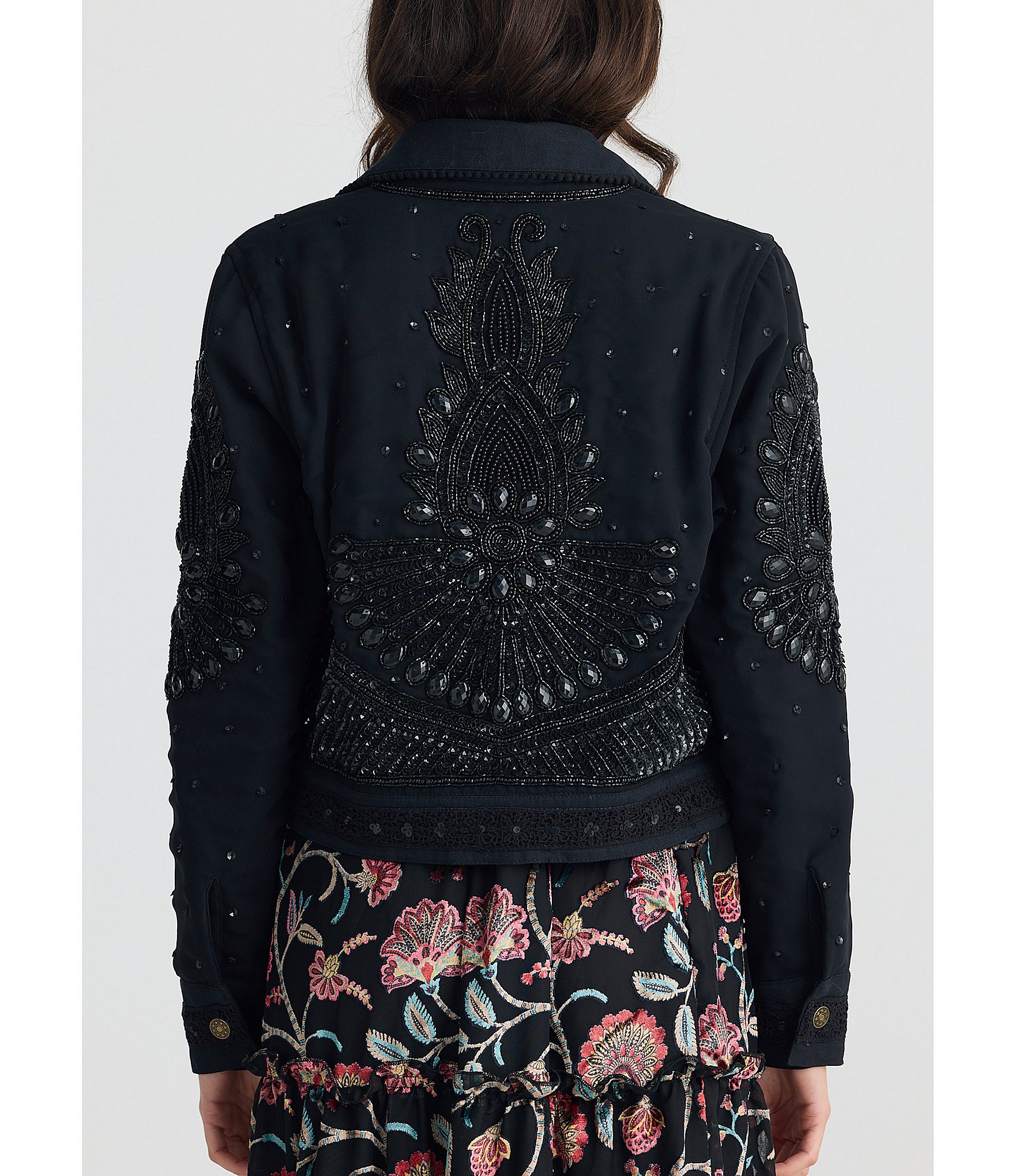 Talisman Torero Beaded Embellished Design Point Collar Button Front Denim Jacket