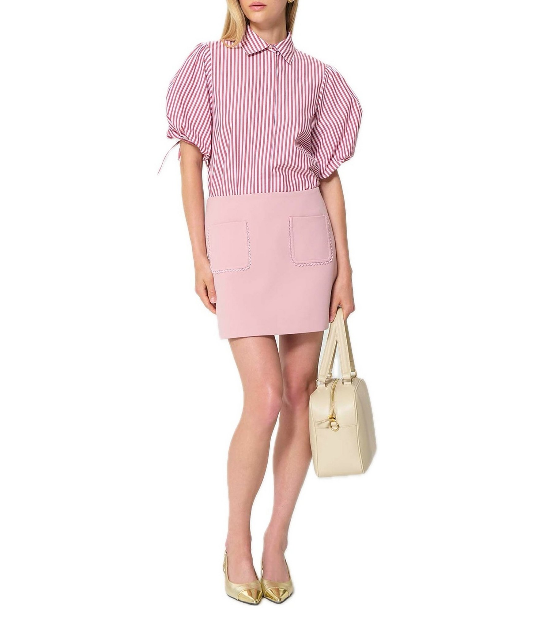 Tara Jarmon Caly Striped Point Collar Short Sleeve Button Front Blouse