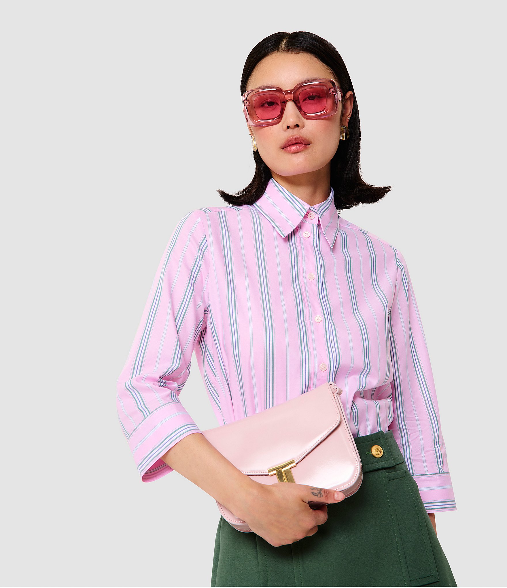 Tara Jarmon Charlot Pinstripe Point Collar 3/4 Sleeve Shirt