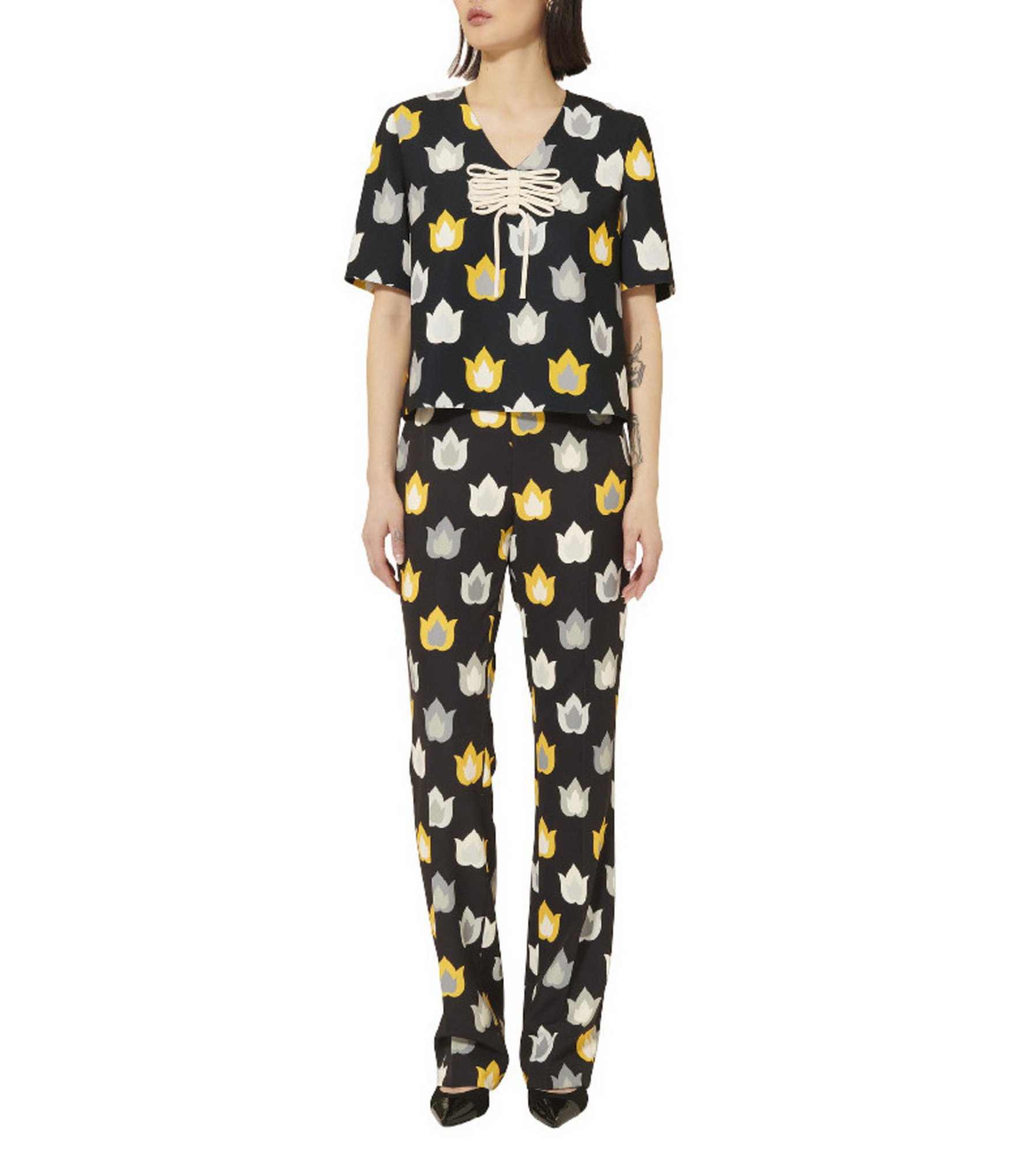 Tara Jarmon Paivan Woven Stretch Flame Print Mid Rise Straight Leg Pants