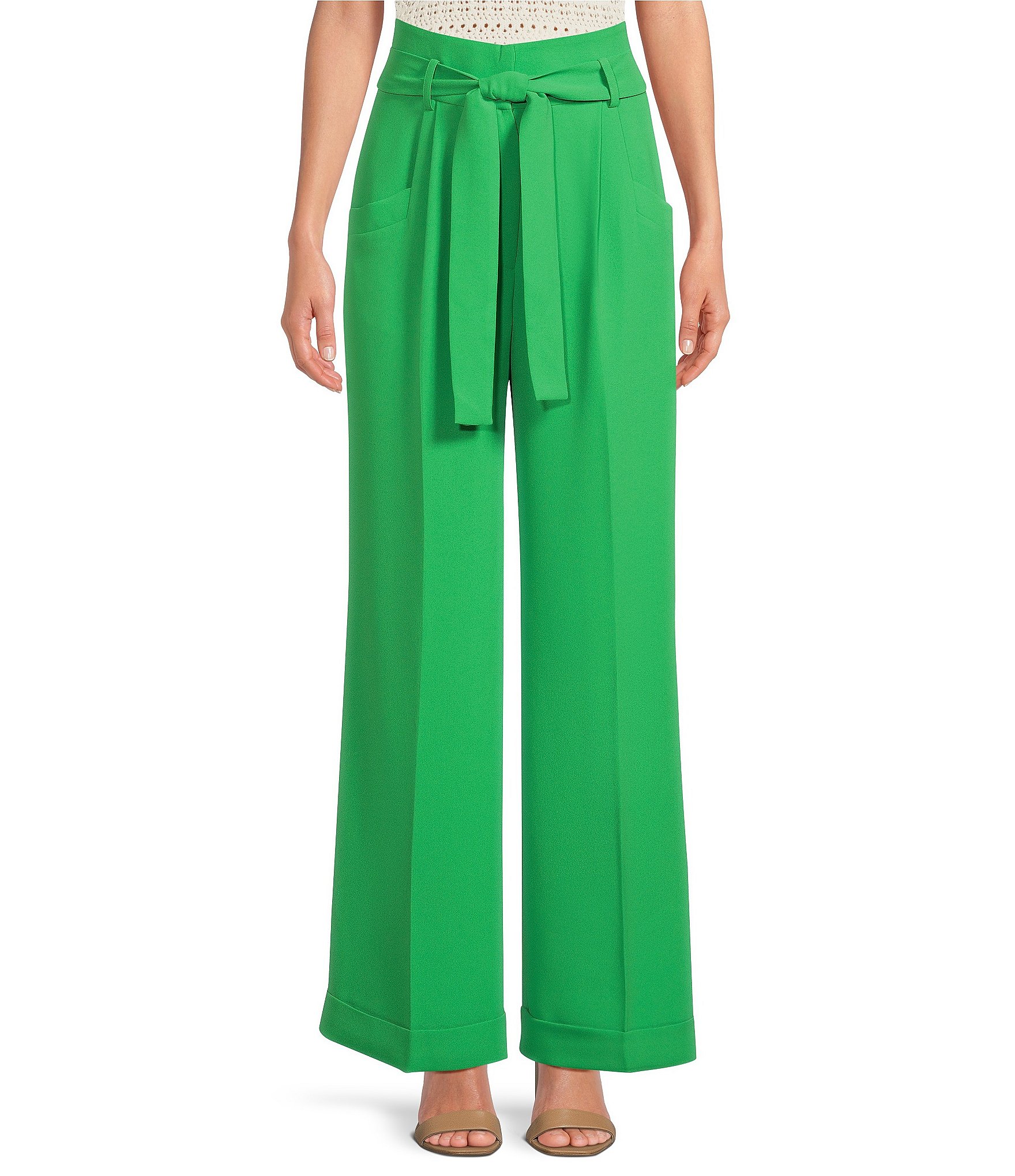 Tara Jarmon Vert Woven Crepe Pyla Tie Waist Pleated Front Cuffed Wide ...