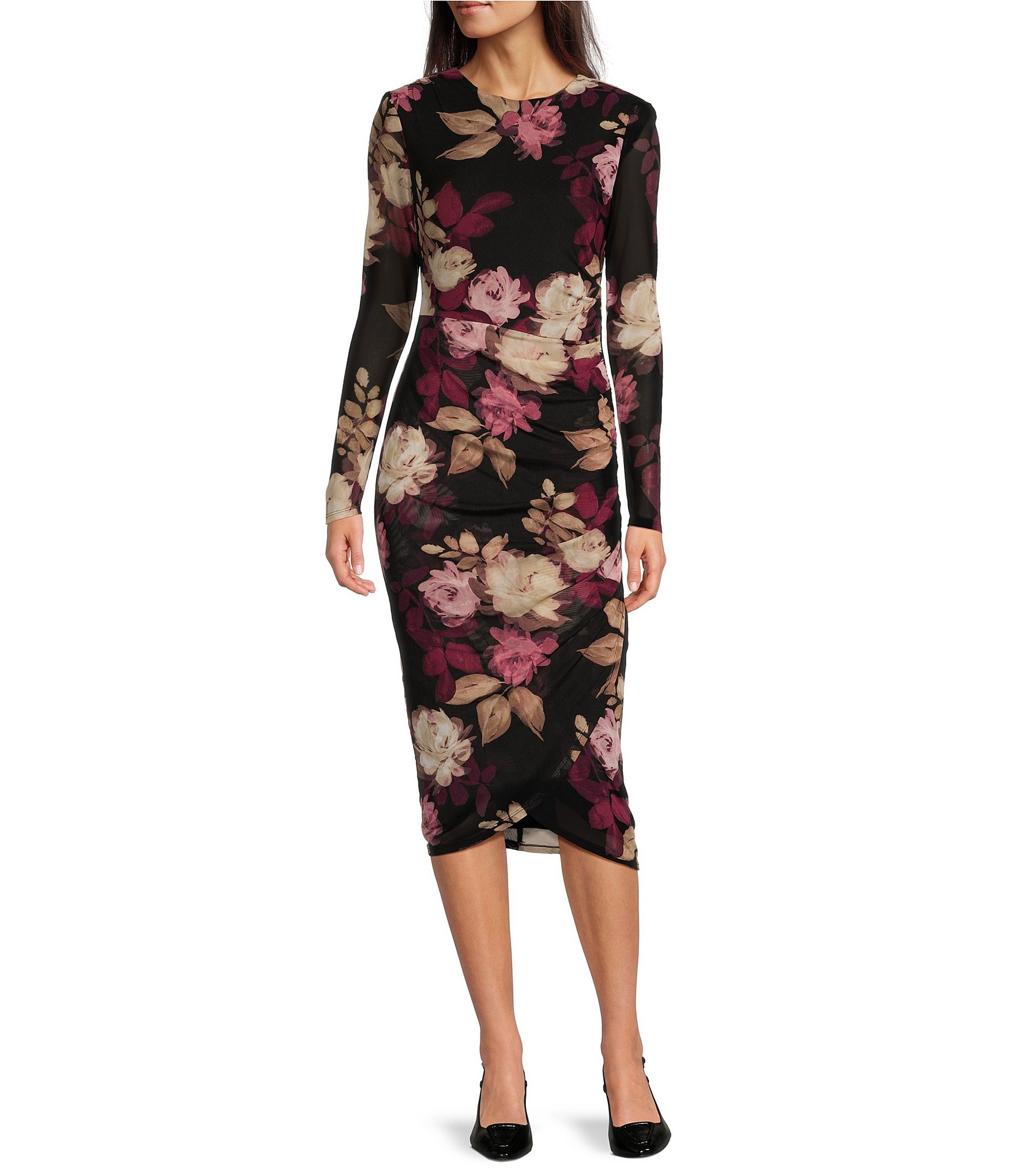 Taylor Floral Mesh Scoop Neck Long Sheer Sleeve Faux Wrap Midi Dress ...