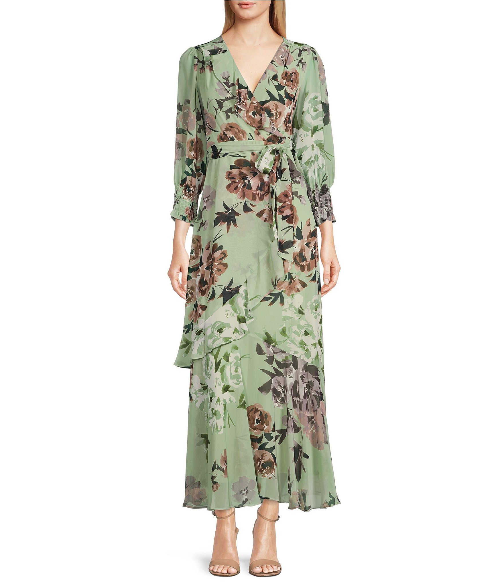 Taylor Floral Print Faux Wrap Long Sleeve Maxi Dress | Dillard's