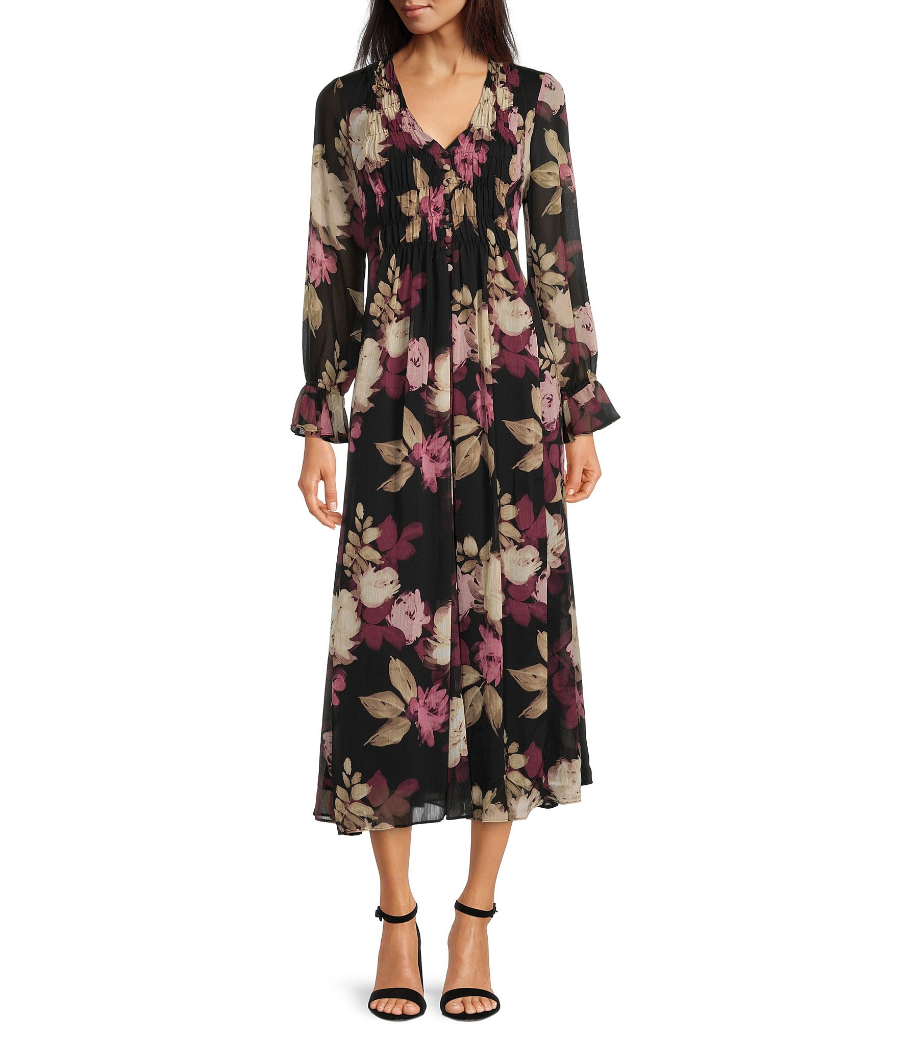 Taylor Floral Print Long Sleeve V-Neck Button Front Midi Dress | Dillard's