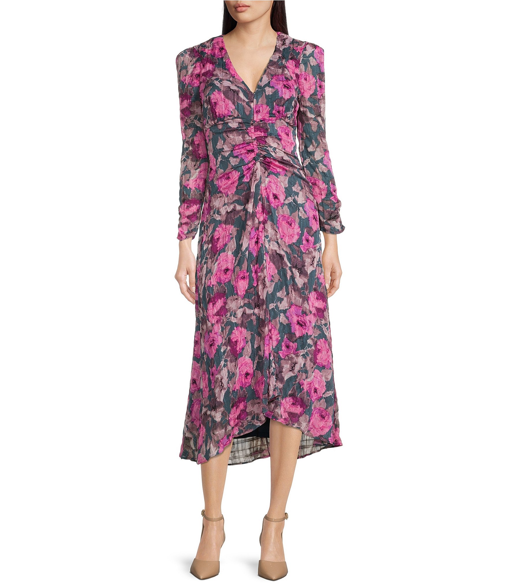 Taylor Floral Print Ruched Bodice Long Sleeve V-Neck Dress | Dillard's