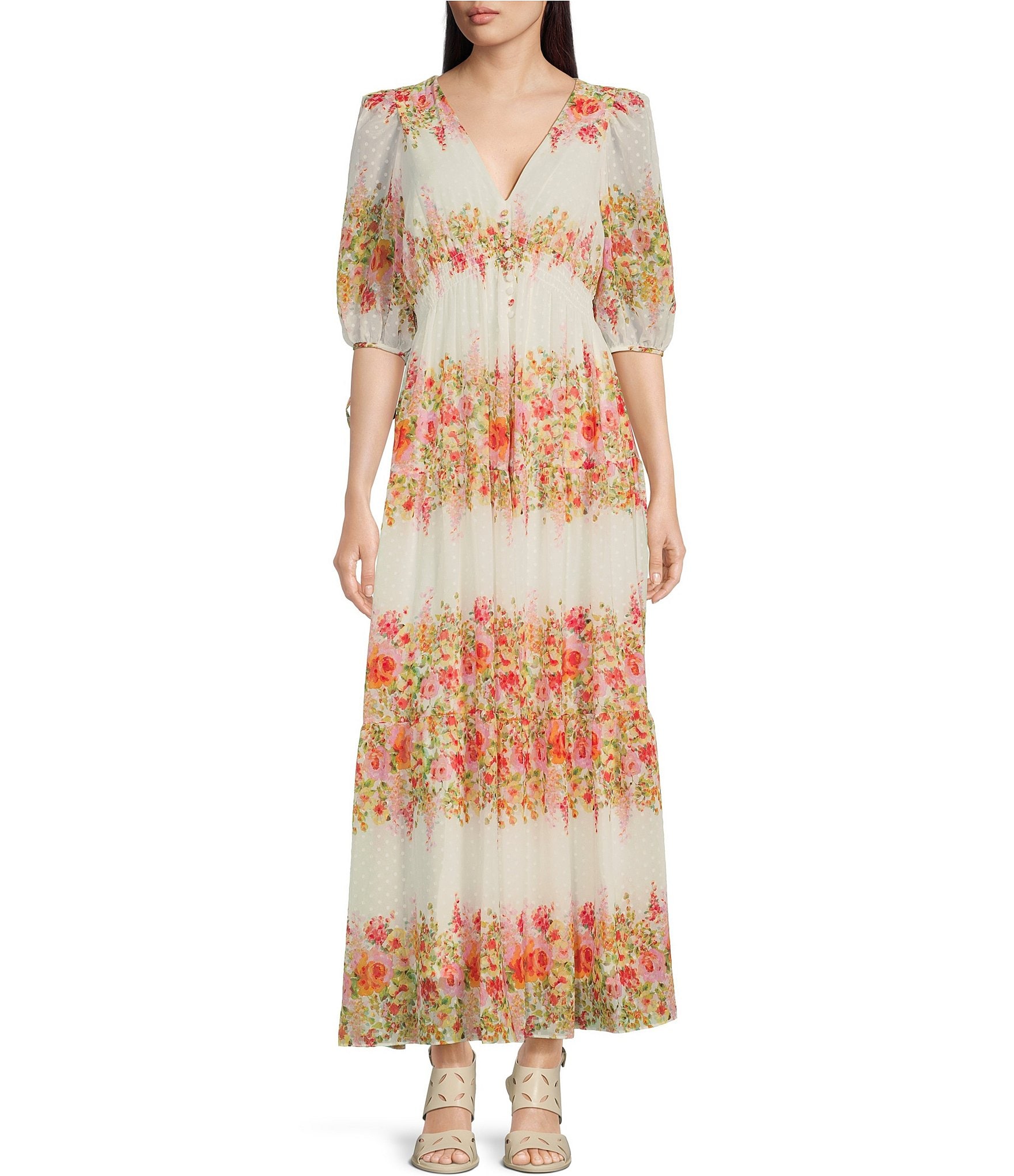 Taylor Floral V-Neck Smock Waist Elbow Length Sleeve Maxi Dress | Dillard's