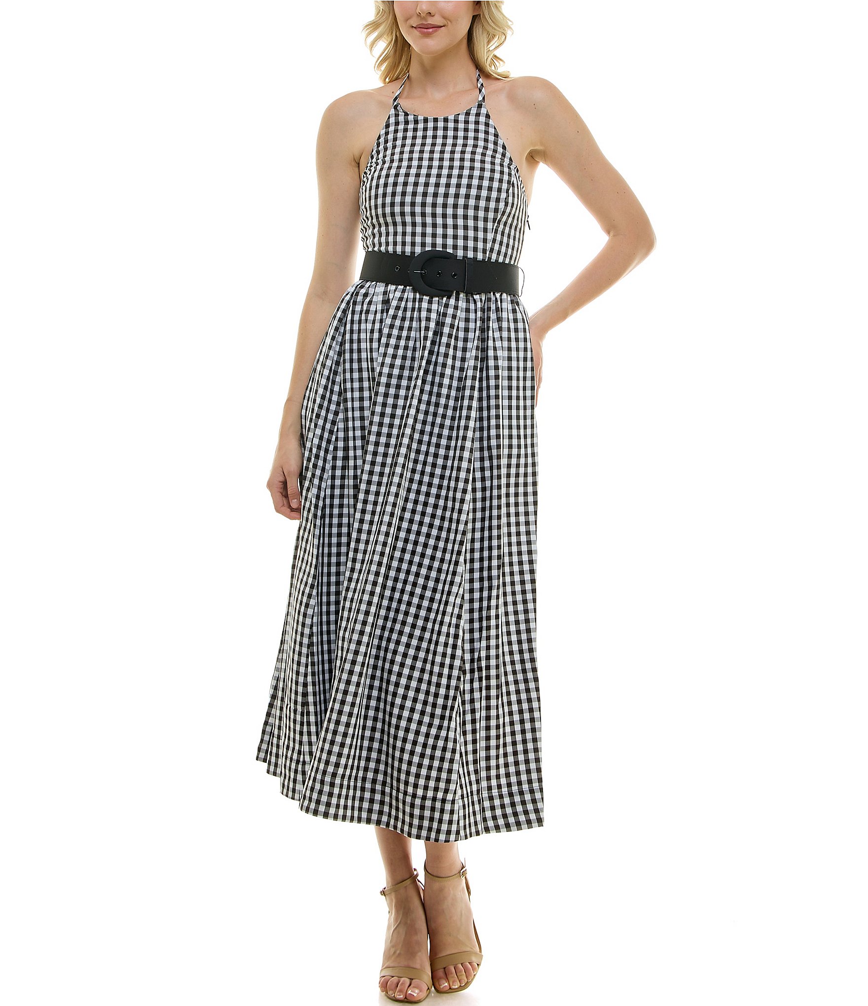 Taylor Gingham Halter Neck Sleeveless Belted Smocked Back Midi Dress Dillard s