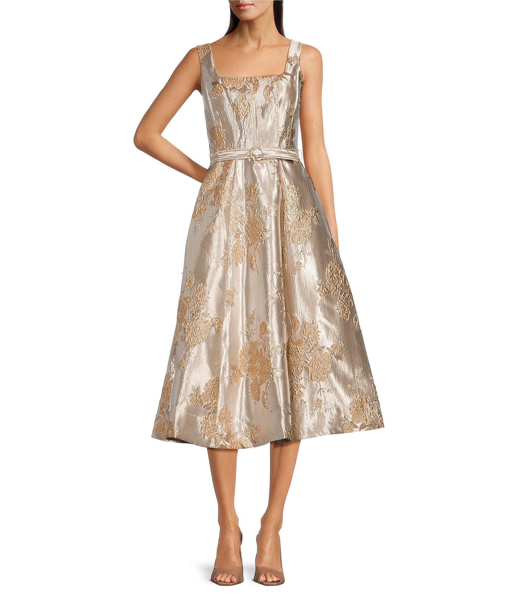 Taylor Metallic Jacquard Square Neck Sleeveless Belted Fit and Flare ...