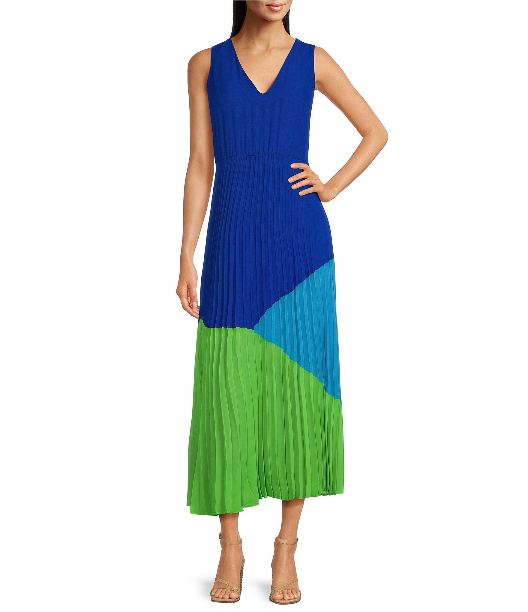 Taylor Pleated Color Block V-Neckline Sleeveless A-Line Dress