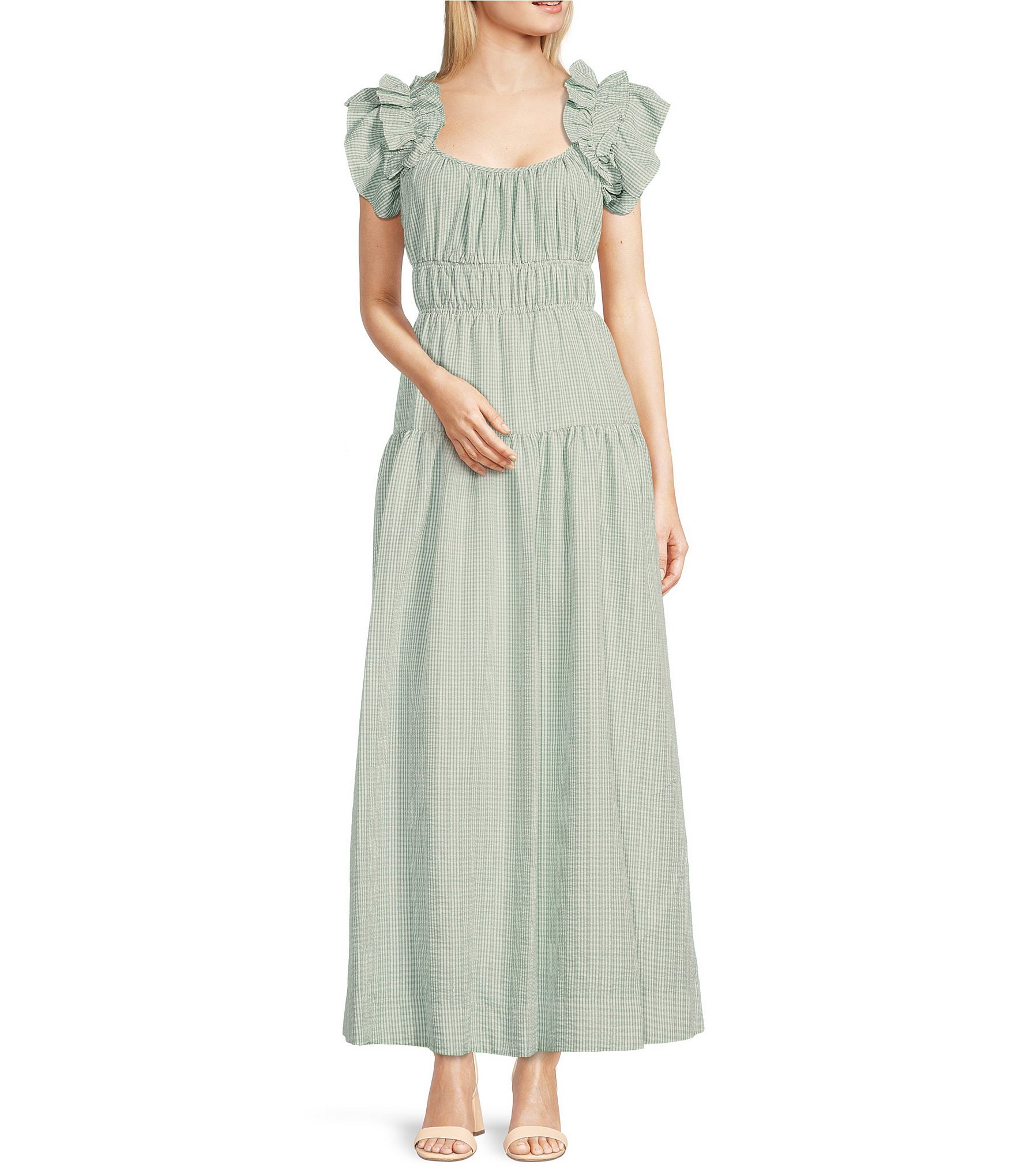 Taylor Short Ruffled Sleeve Scoop Neck Tiered Maxi Dress | Dillard's