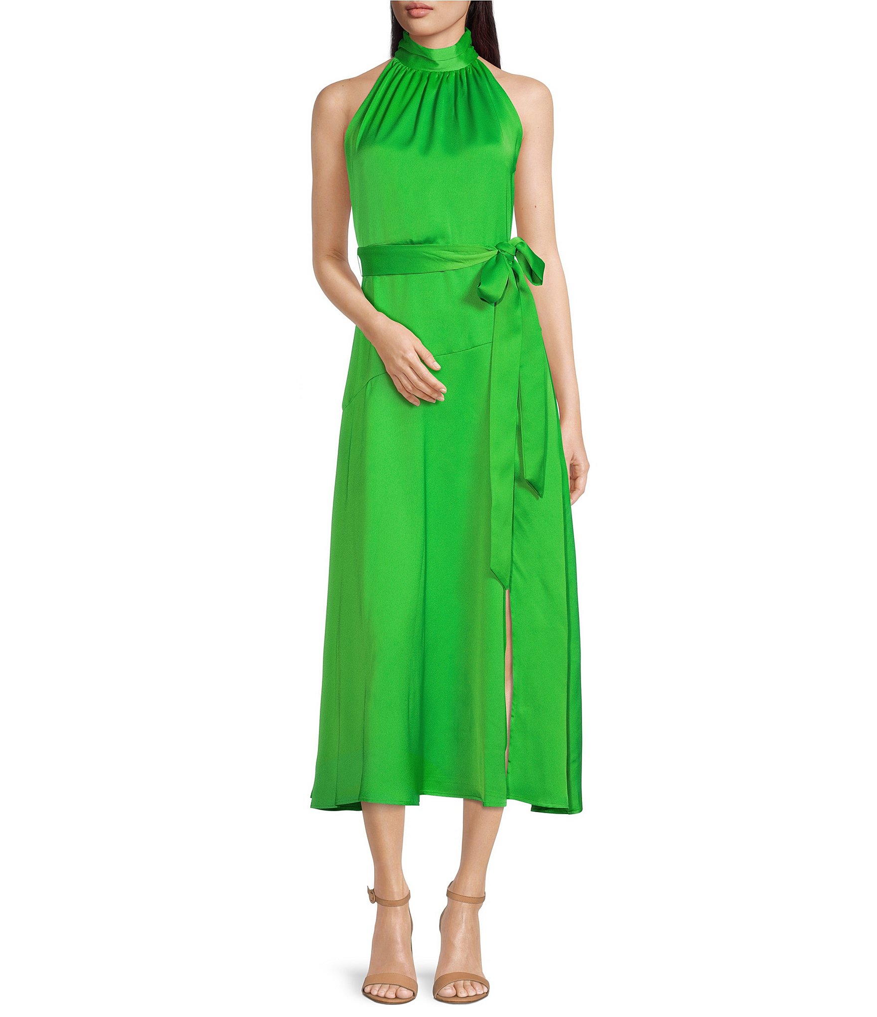 Taylor Stretch Satin Mock Neck Halter Midi Dress | Dillard's