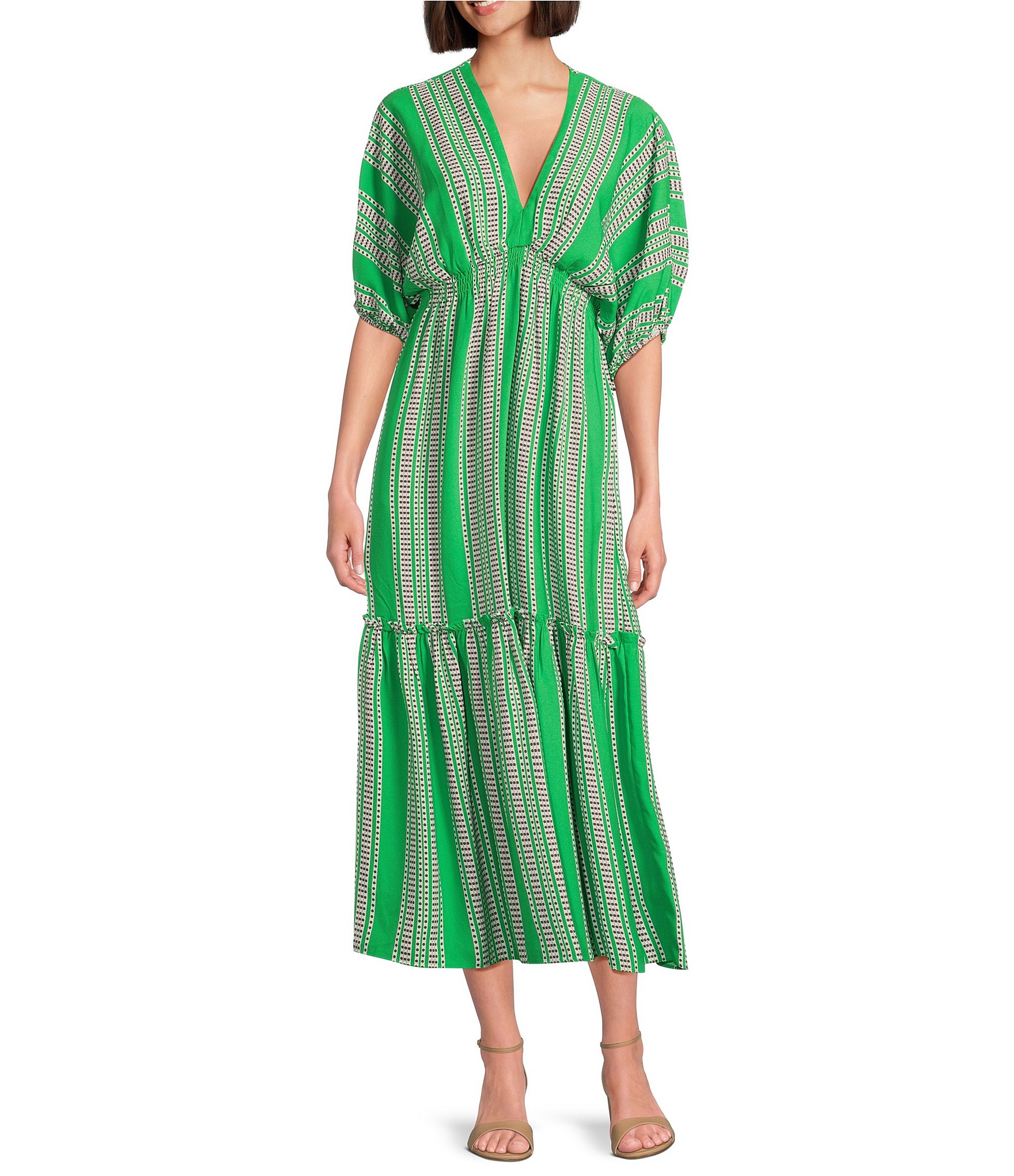 Taylor Striped V-Neckline Elbow Length Sleeve Tiered Bottom Maxi Dress