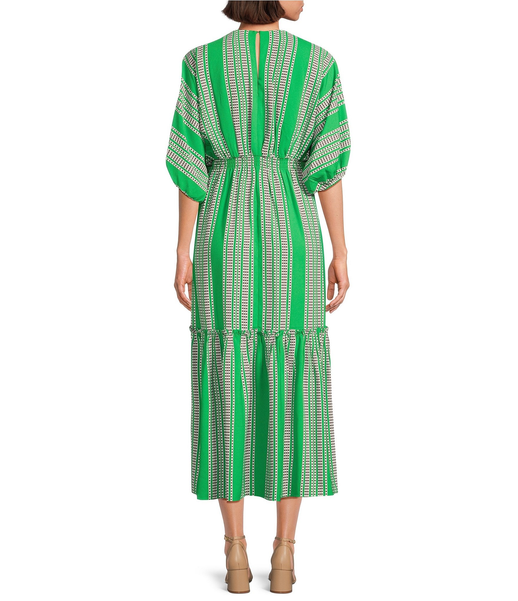 Taylor Striped V-Neckline Elbow Length Sleeve Tiered Bottom Maxi Dress